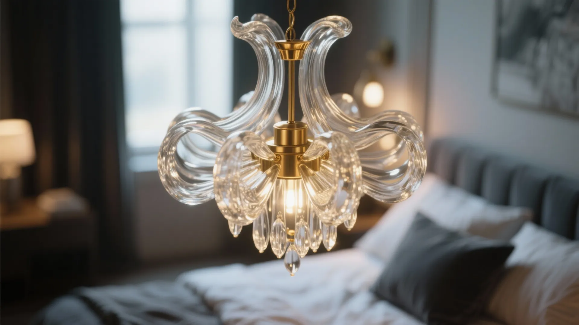 Sculptural blown-glass chandelier with brass accents