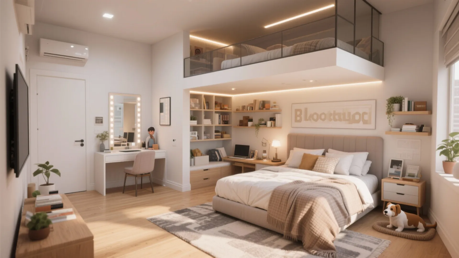 Contemporary studio bedroom with a main bed below and a glass railing mezzanine bed above