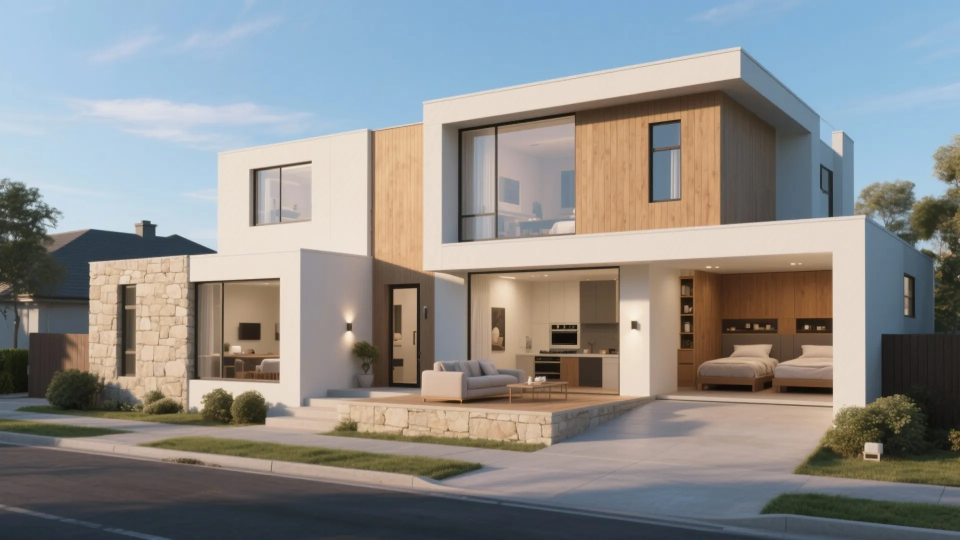 Modern white home with wood panels large windows stone base outdoor sofa and blue sky