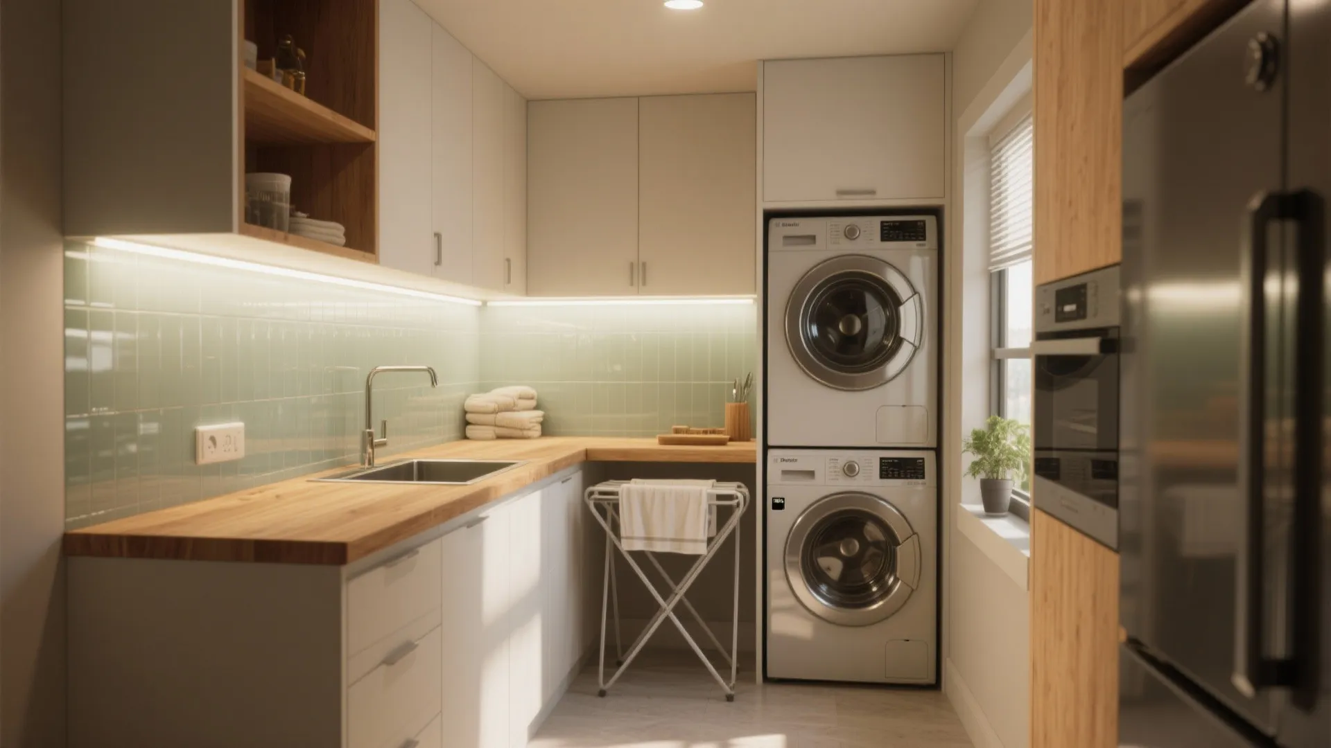 Modern small laundry area with wooden countertop green tile wall and stacked washing machines and cabinets