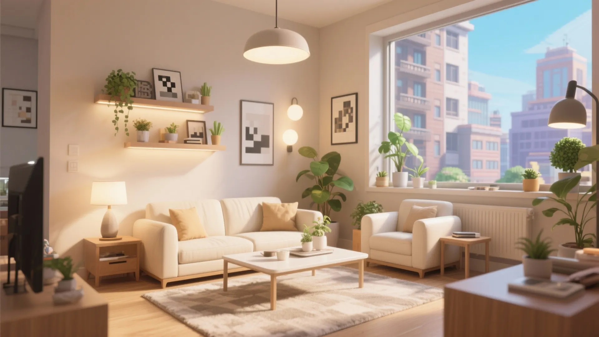 Bright living room with white sofa armchair wooden shelves green plants and city view from window