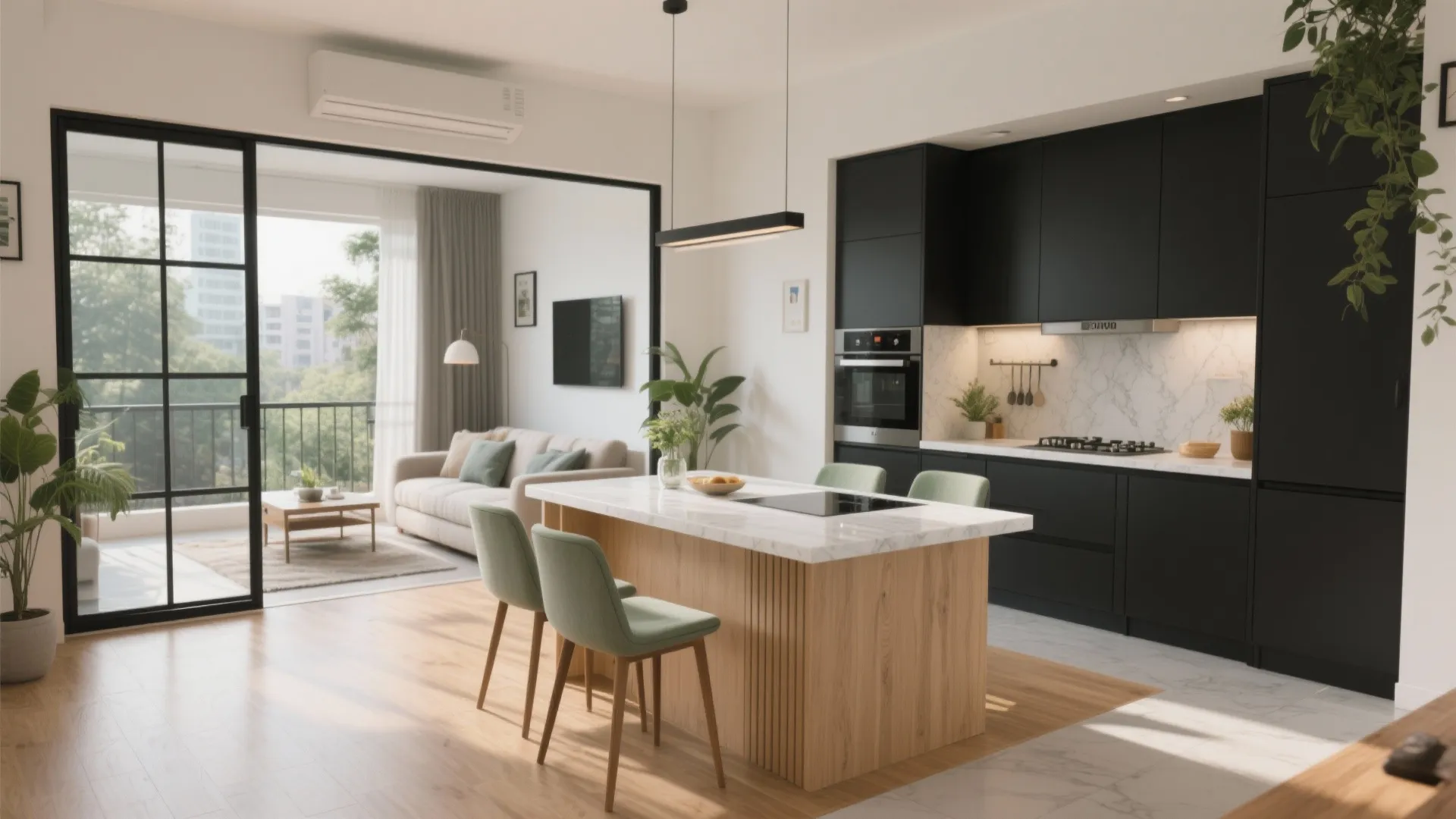 Modern open plan kitchen with black cabinets marble island green chairs and living room balcony view