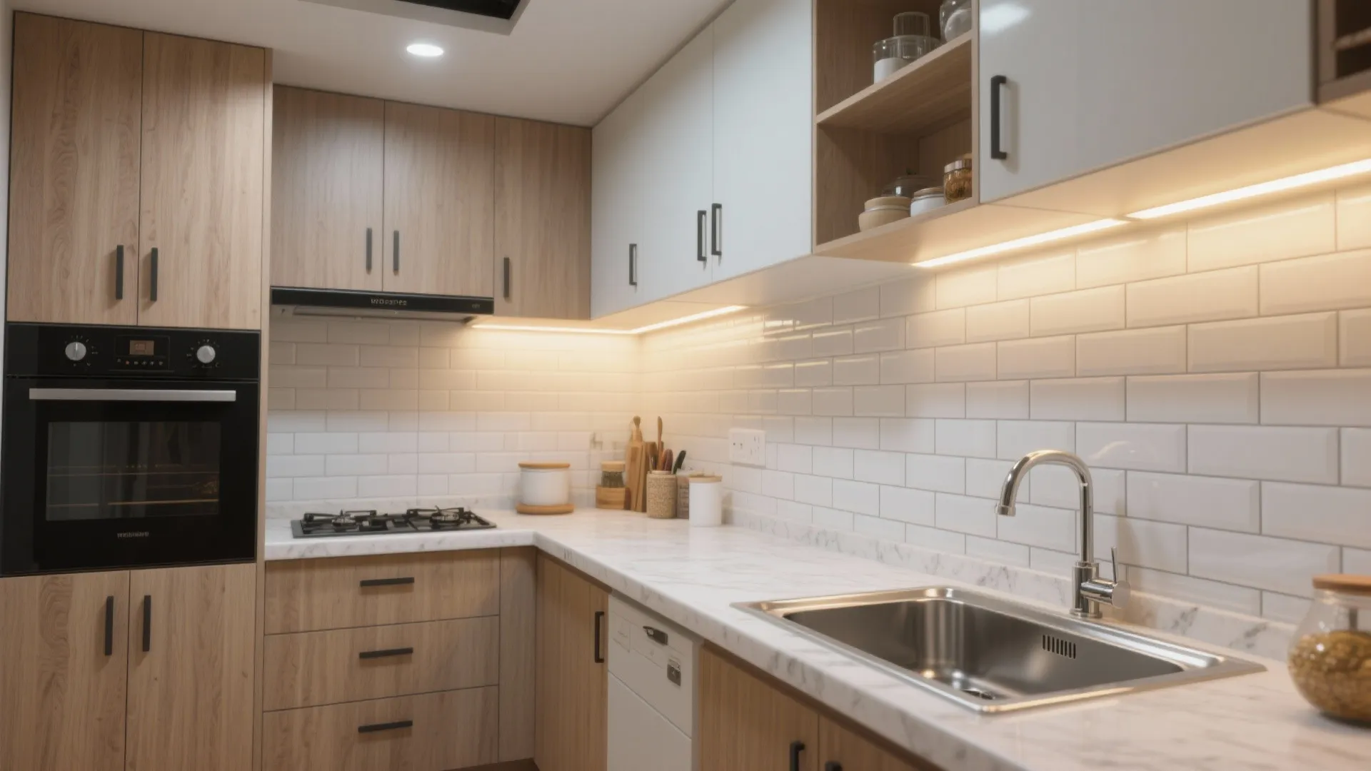 Contemporary kitchen with light wood cabinets white subway tile backsplash marble countertops and stainless steel sink