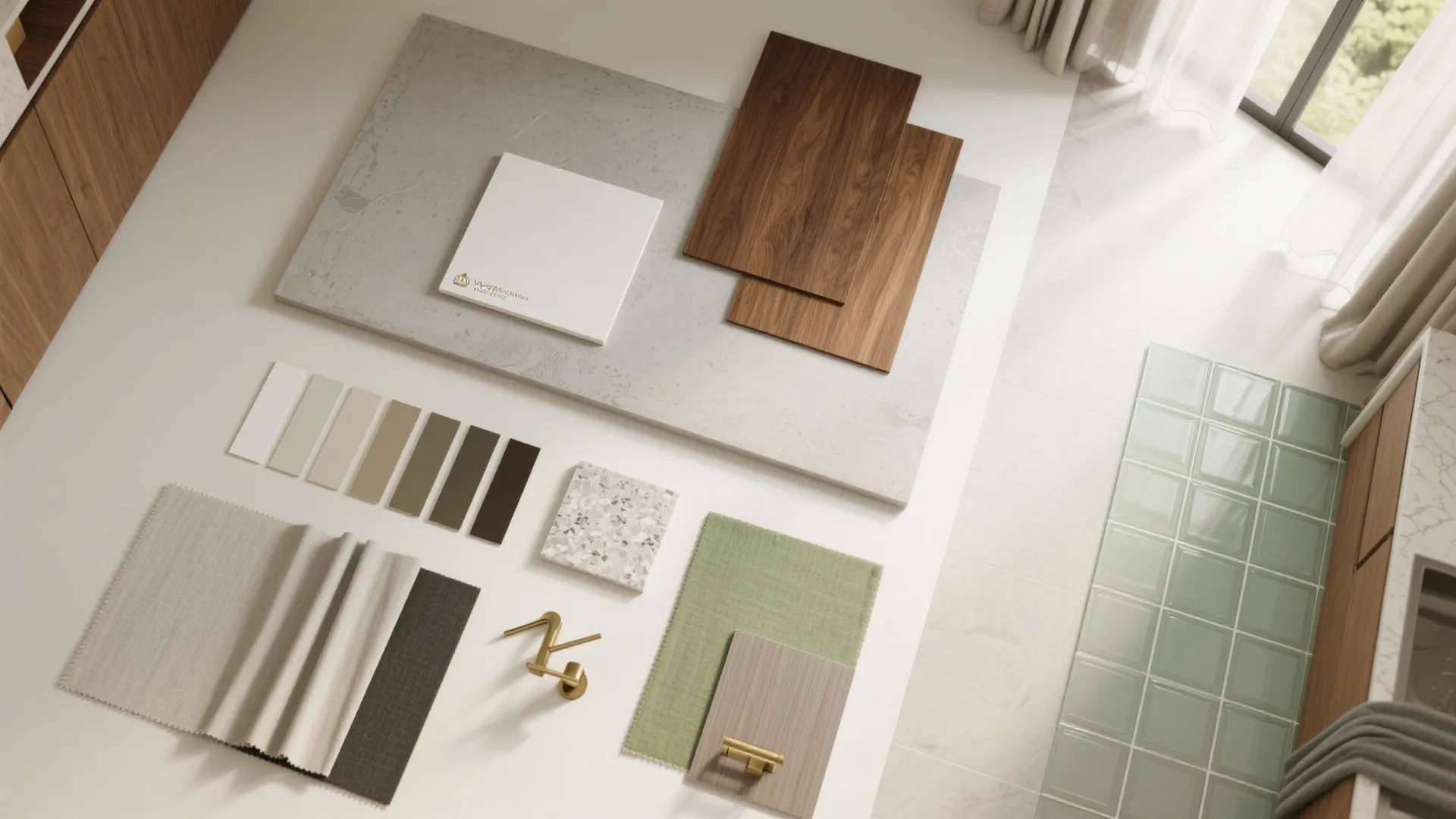 Interior design mood board with wood panels green tiles fabric samples and gold cabinet handles
