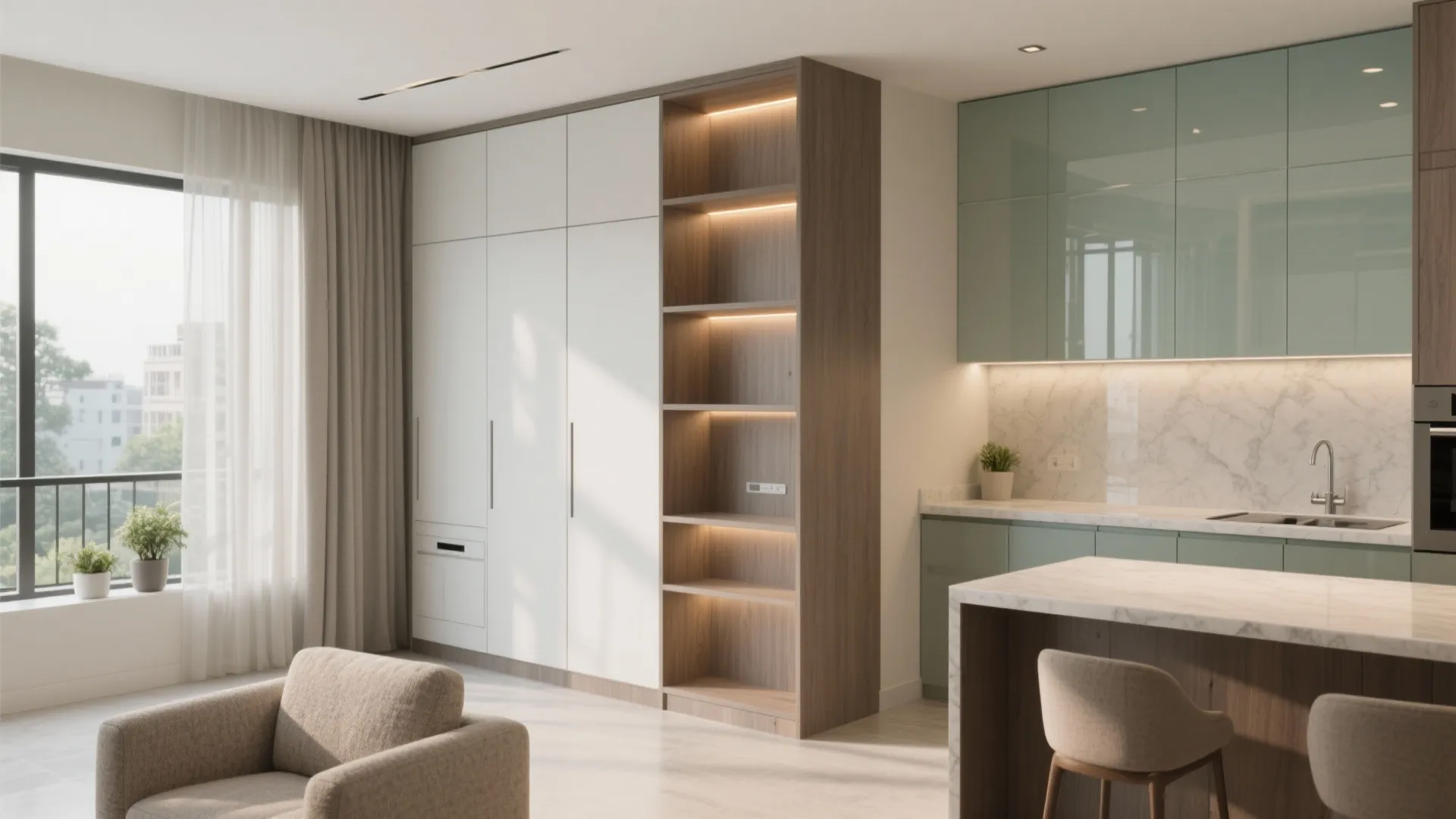 Modern open-plan living space with white wardrobe wood shelving green kitchen cabinets and marble island