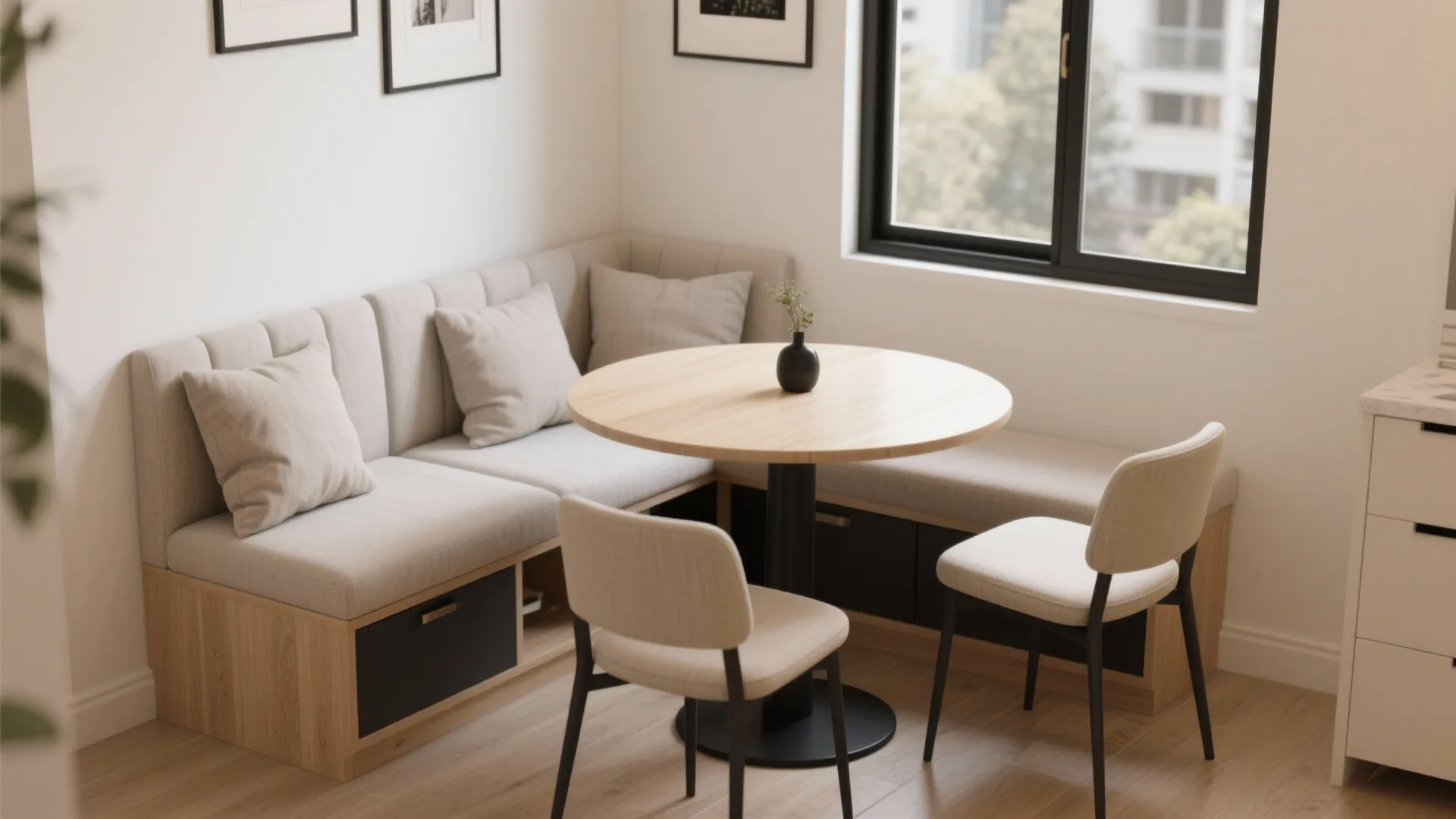 Modern dining nook featuring a wooden round table two beige chairs and built in bench