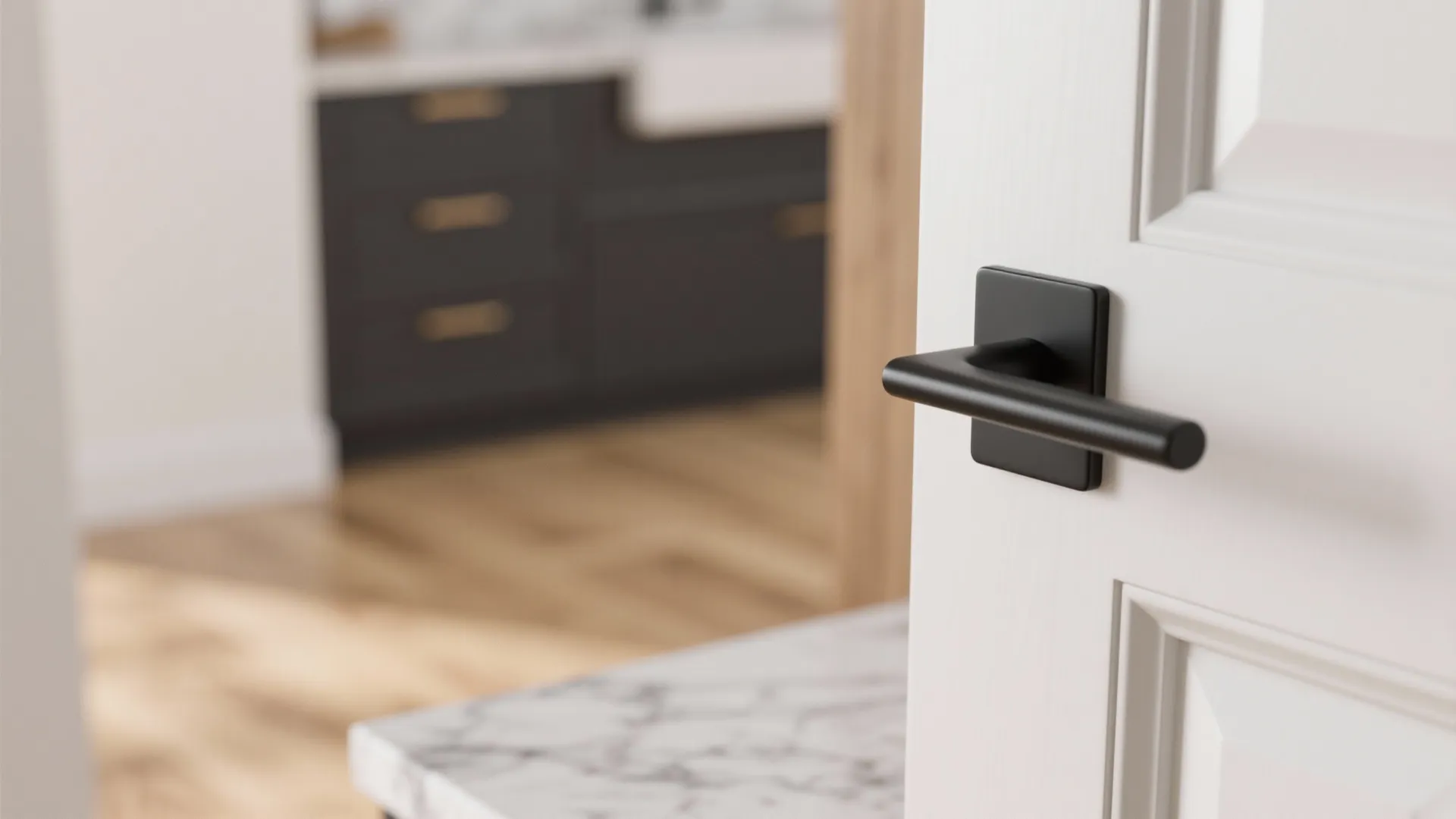 Close up of a black door handle on white door with blurry kitchen in background