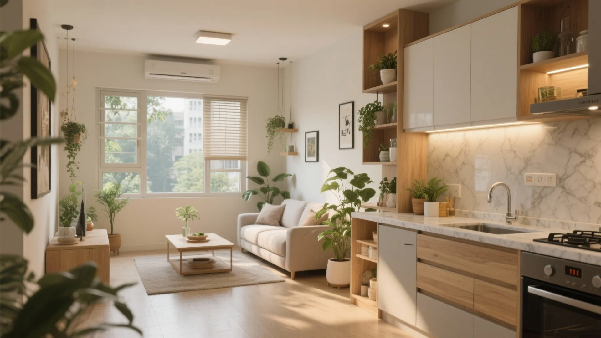 Modern open-plan living room and kitchen with white sofa, wooden cabinets, plants, and natural light