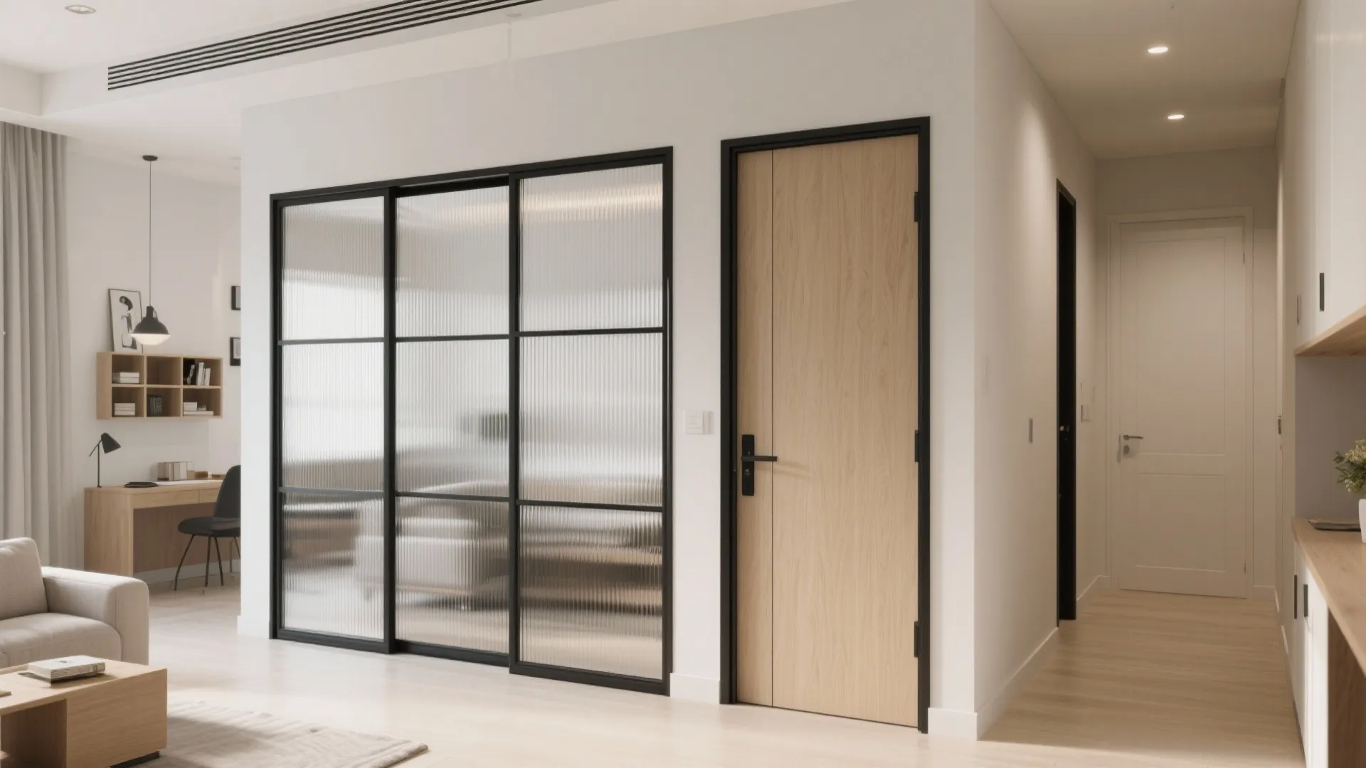 Interior design drawing with glass sliding door wood door white walls and light wood floor