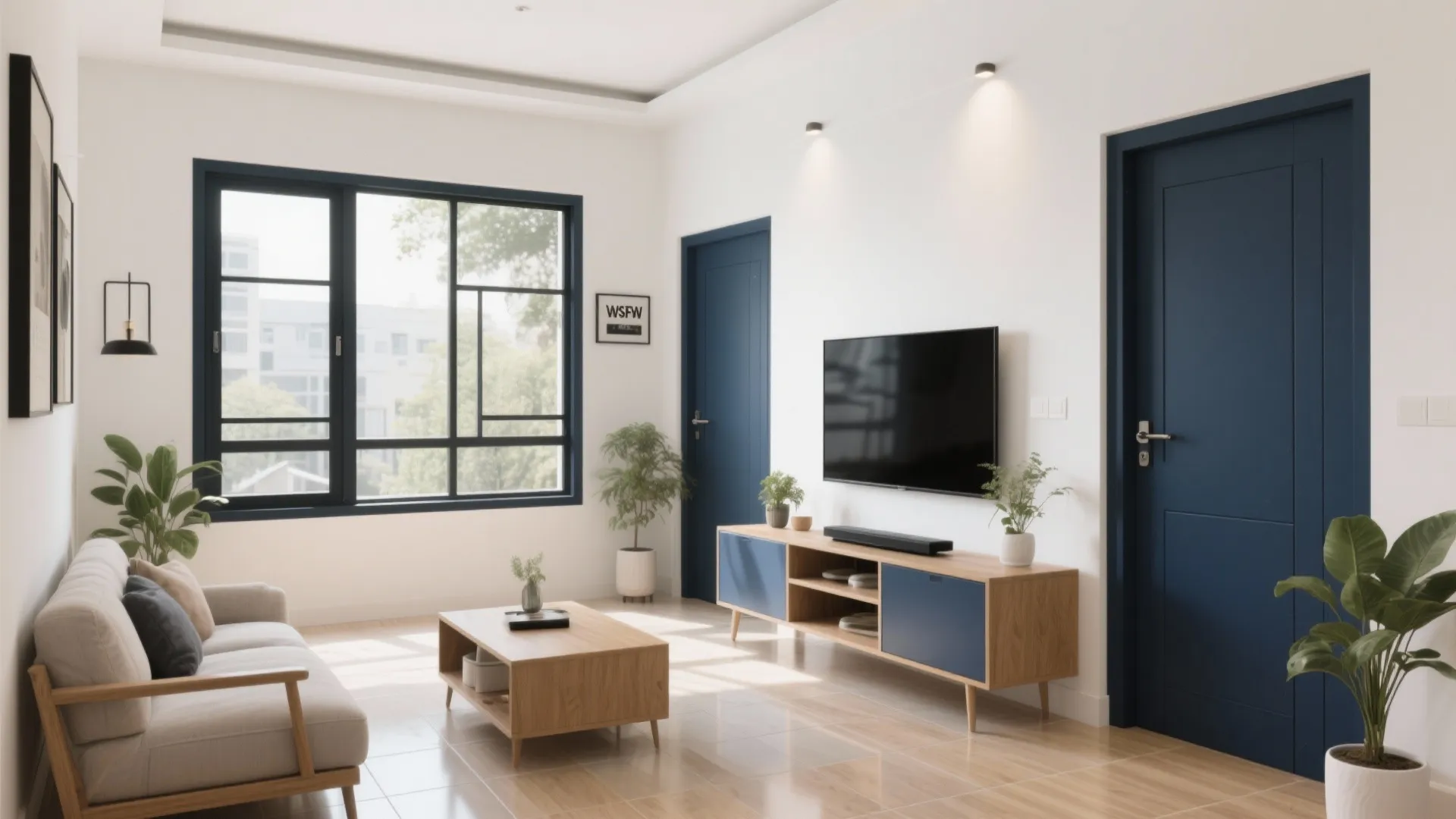 Bright living room with navy blue doors white walls grey sofa wooden coffee table and plants