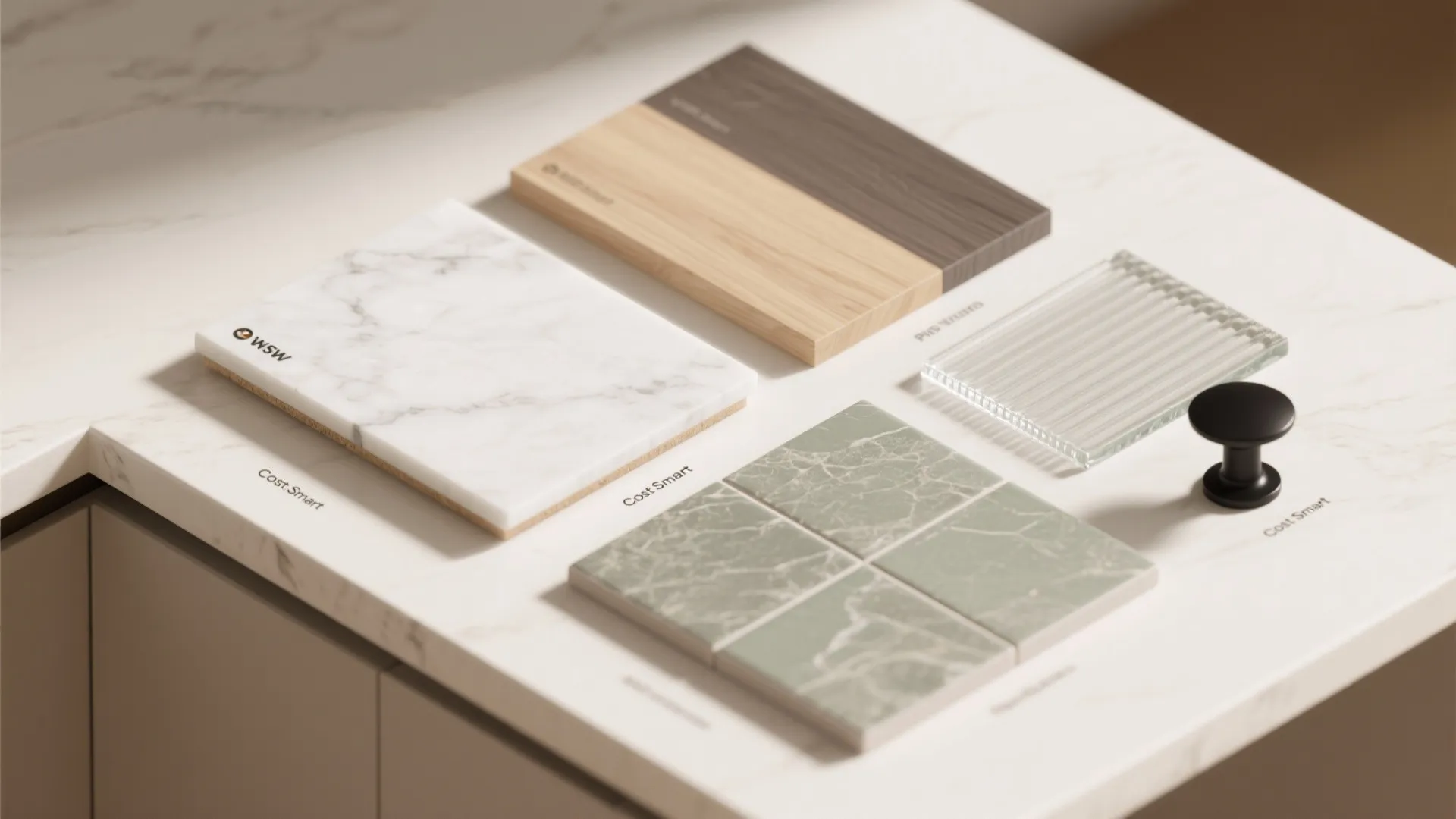 Selection of interior design materials including marble tiles wood samples green tiles and black furniture knob