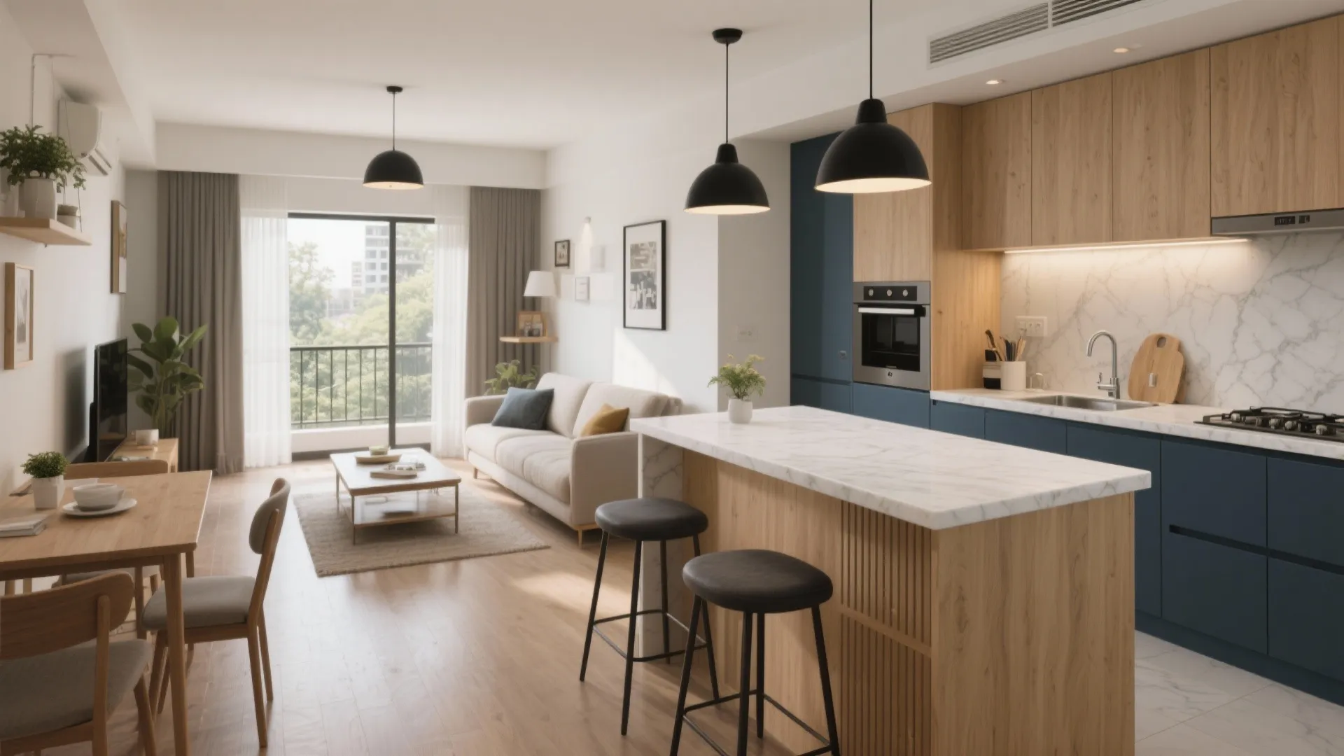 Modern open plan living room with a blue kitchen cabinet wood island sofa and natural light