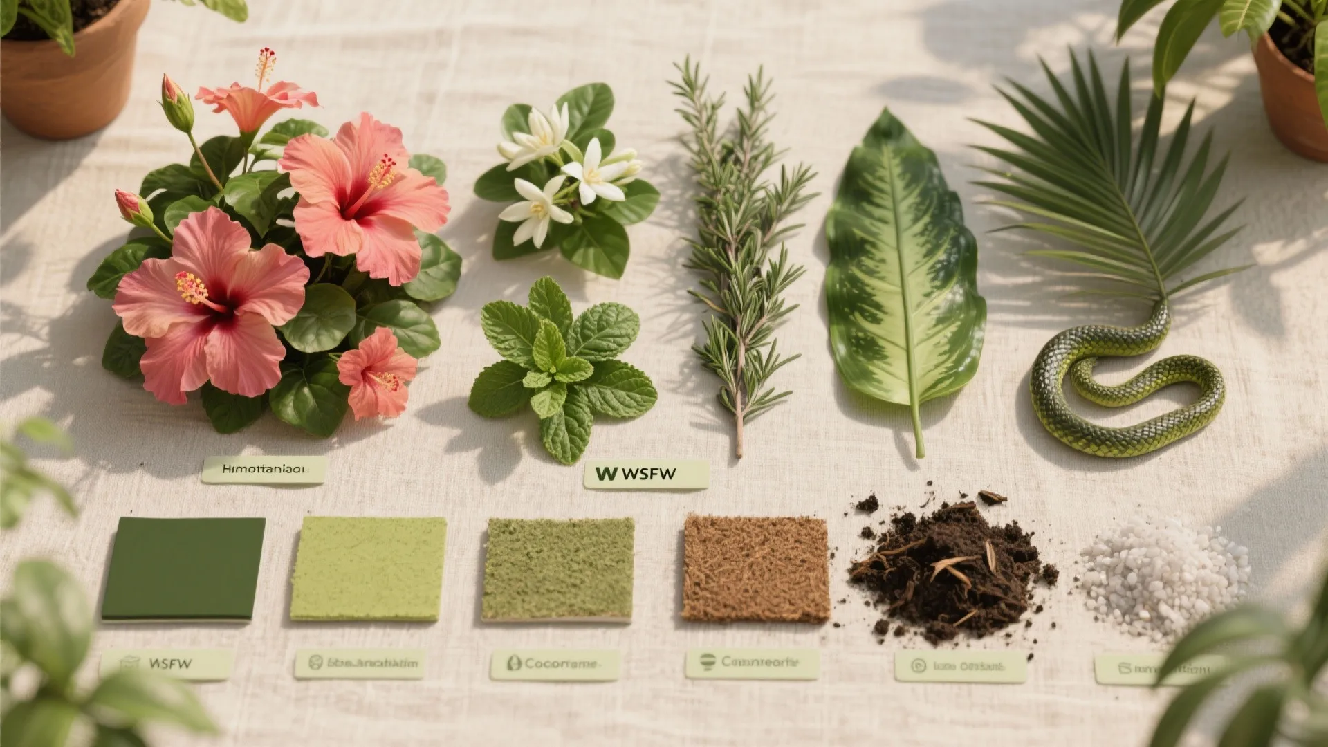 Flat lay of pink flowers green leaves rosemary soil white stones and material color swatches