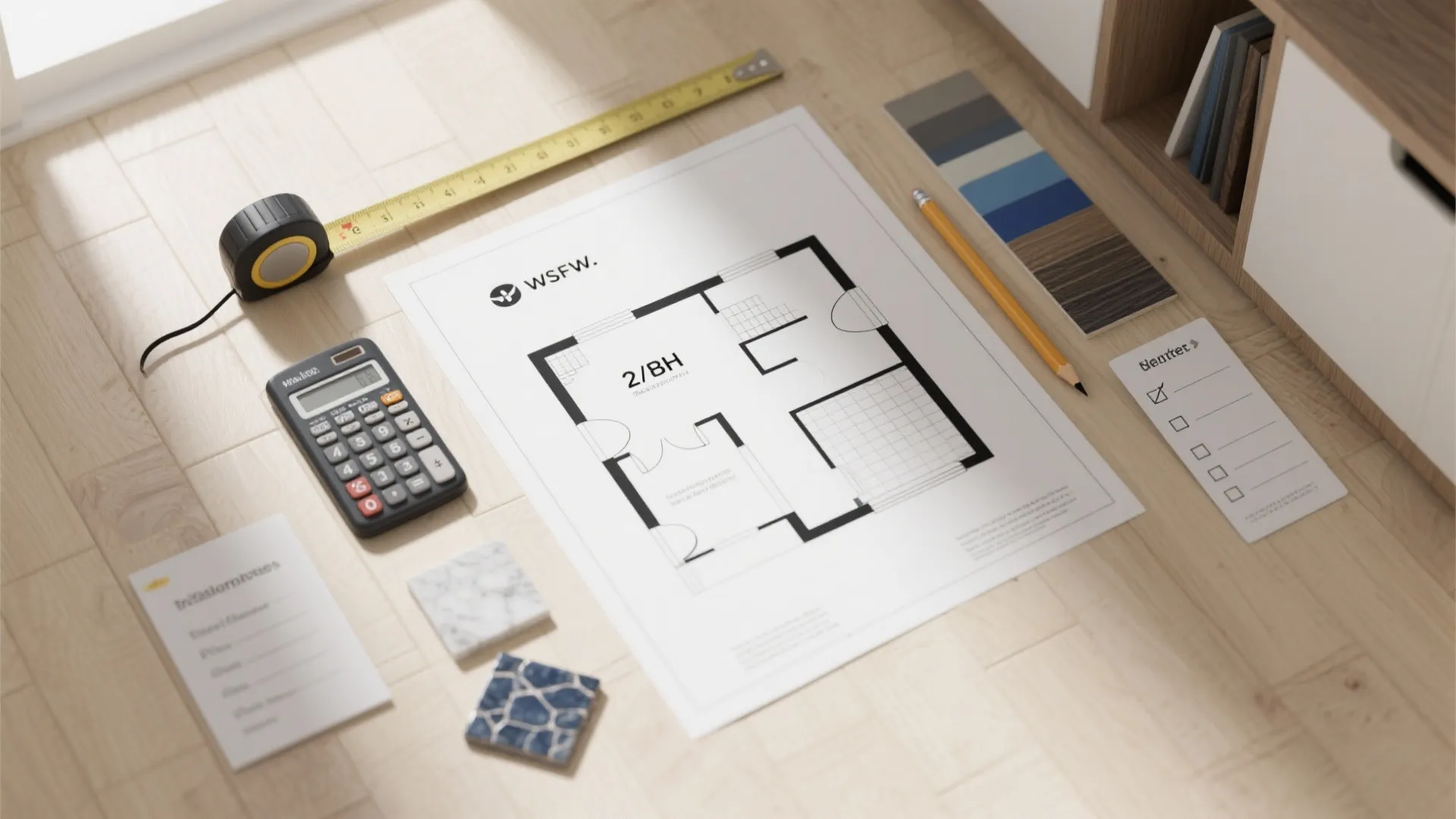 Interior design drawing on a wooden floor with a calculator ruler pencil and color samples