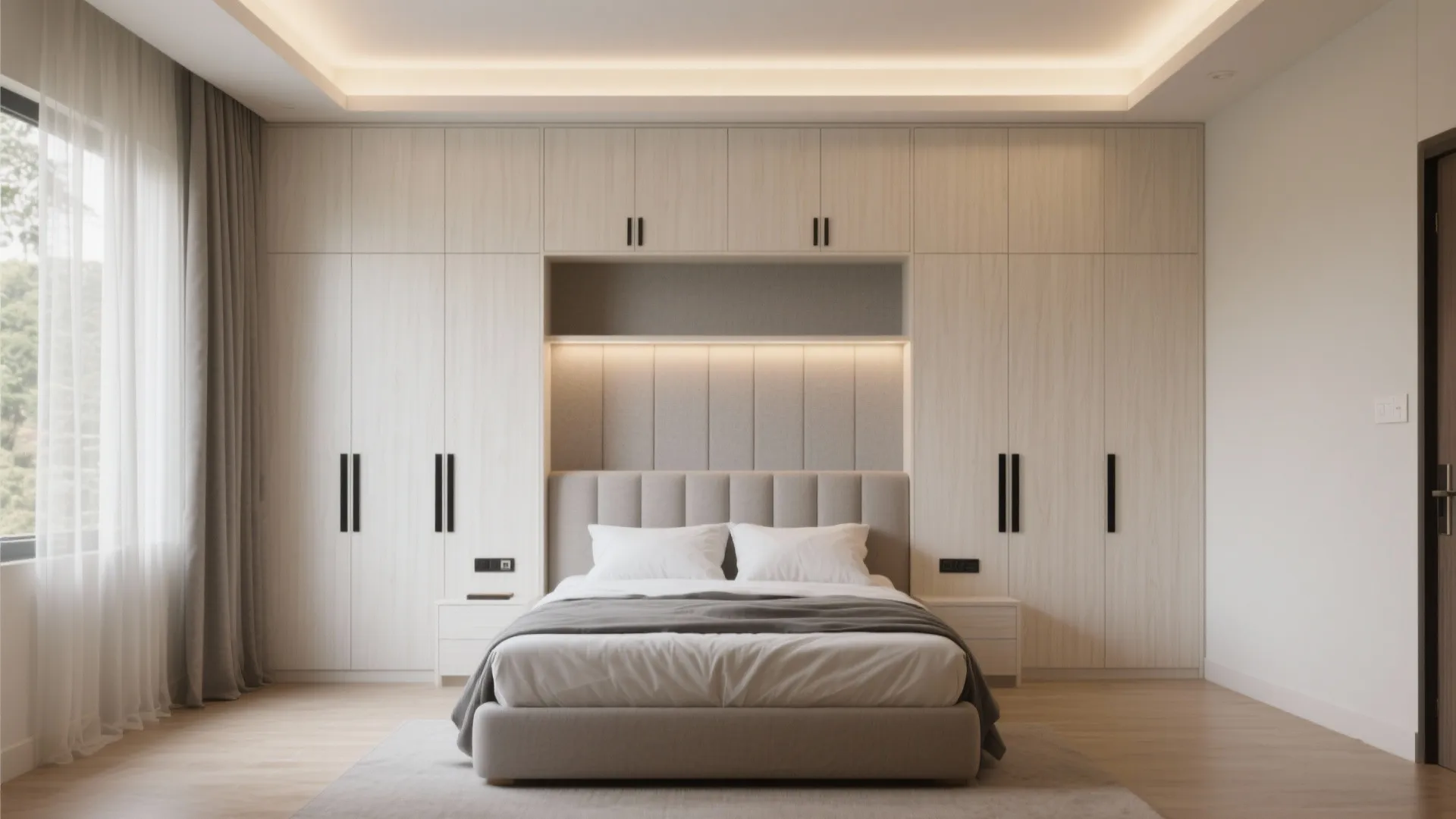 Minimalist bedroom featuring a large built in wood cabinet wall behind a comfortable grey bed