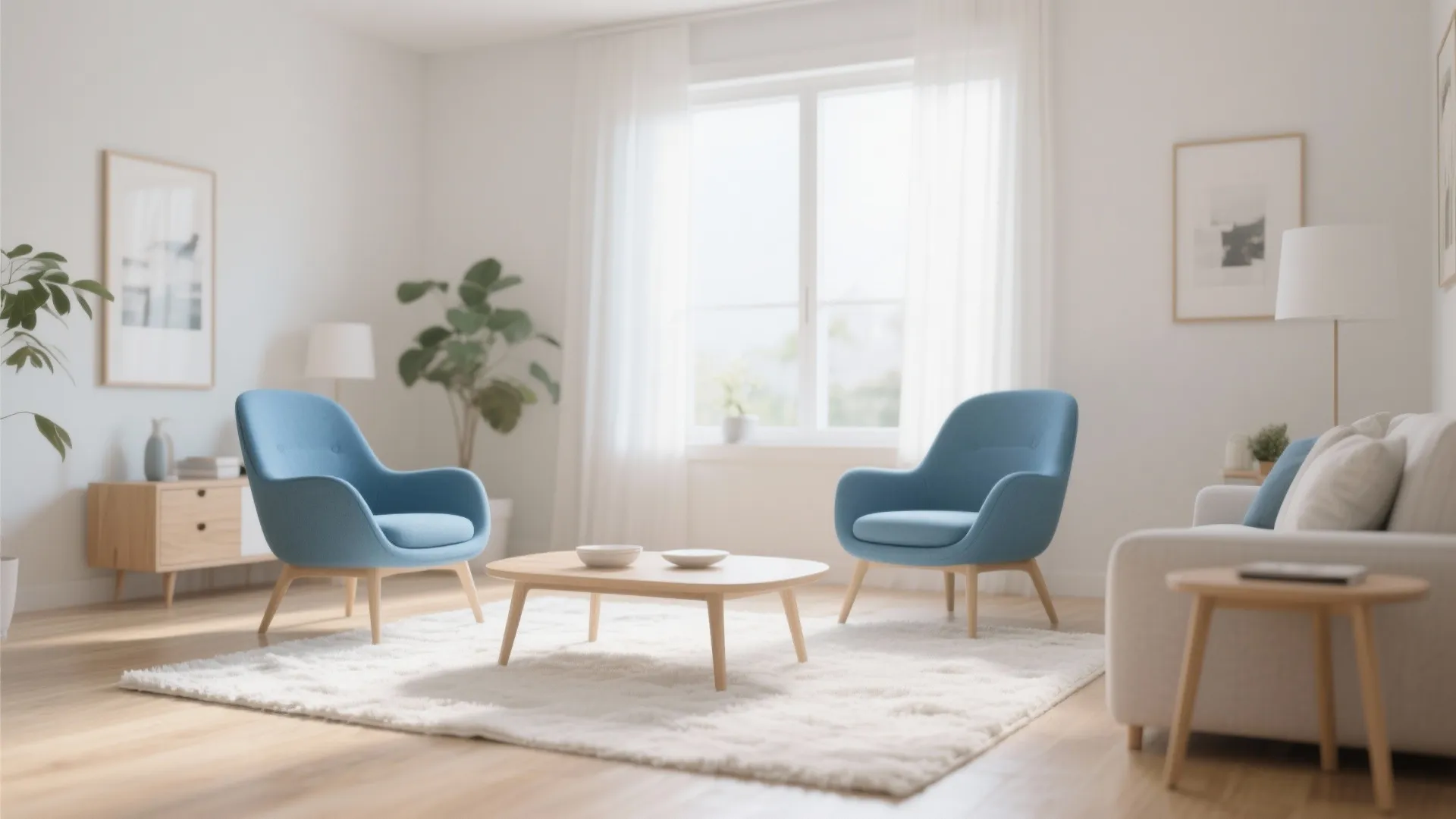 Two blue chairs and a wooden coffee table on a white rug in bright room