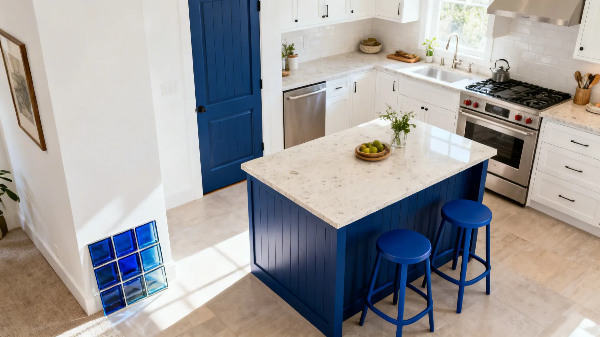 Deep Blue Accent Only: Islands, Pantries, or Backsplash