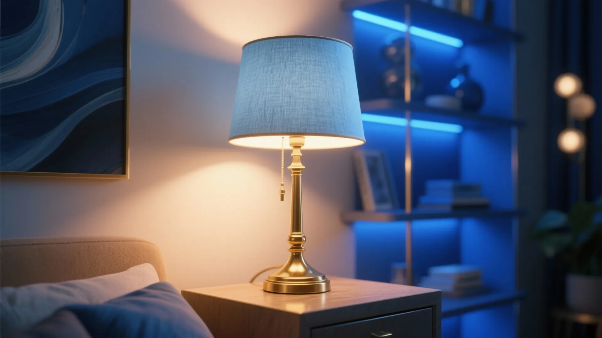 5. Accent lighting with blue-toned lampshades or LED highlights