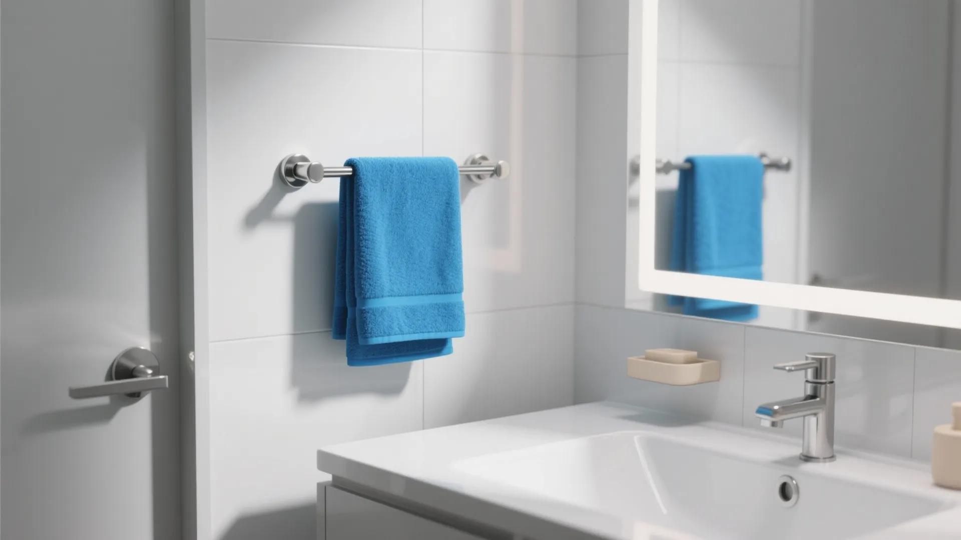 Modern white bathroom sink with chrome water tap and a blue towel on metal rack