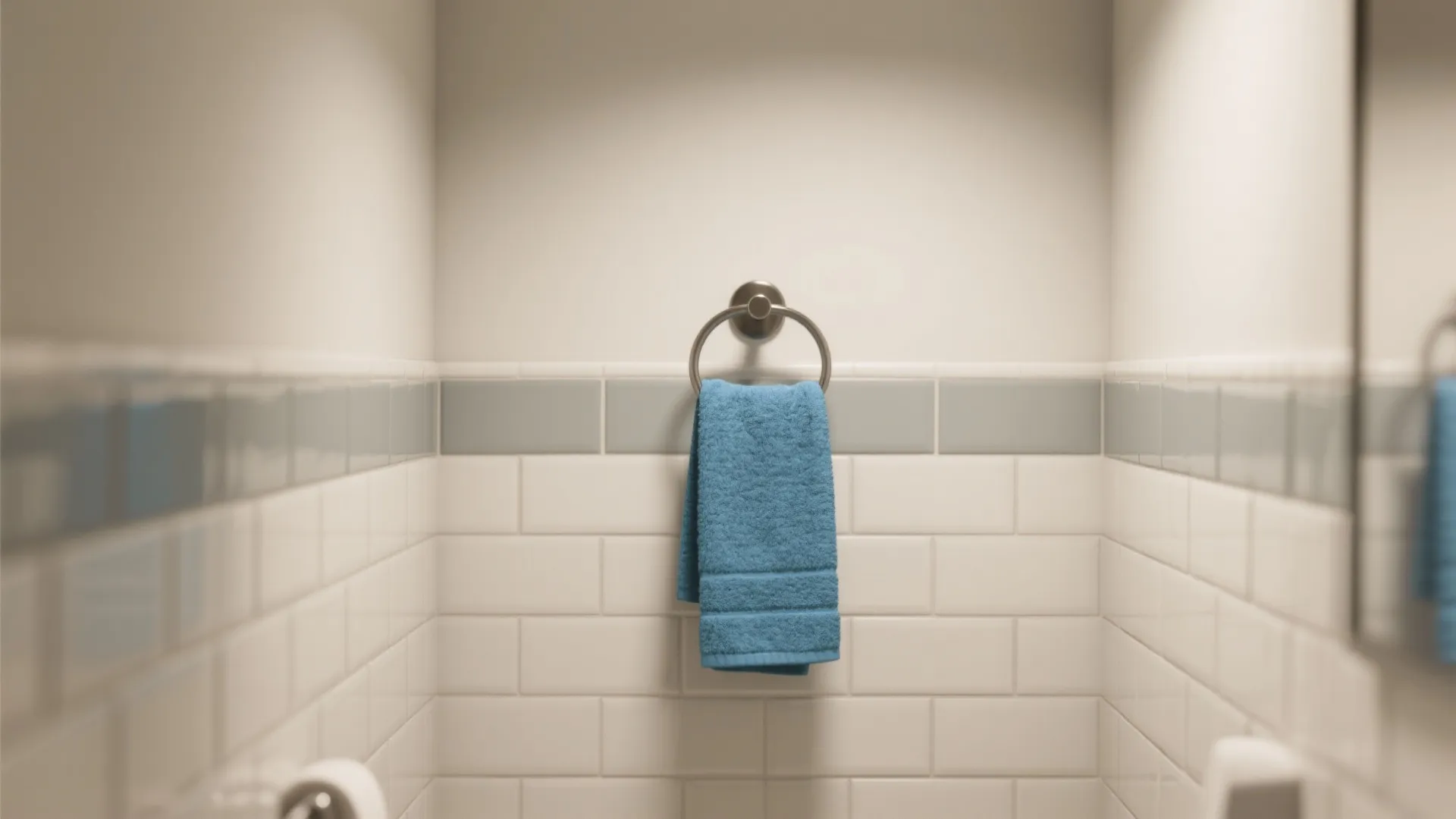 1. Use blue hand towels as an accent against neutral tiles