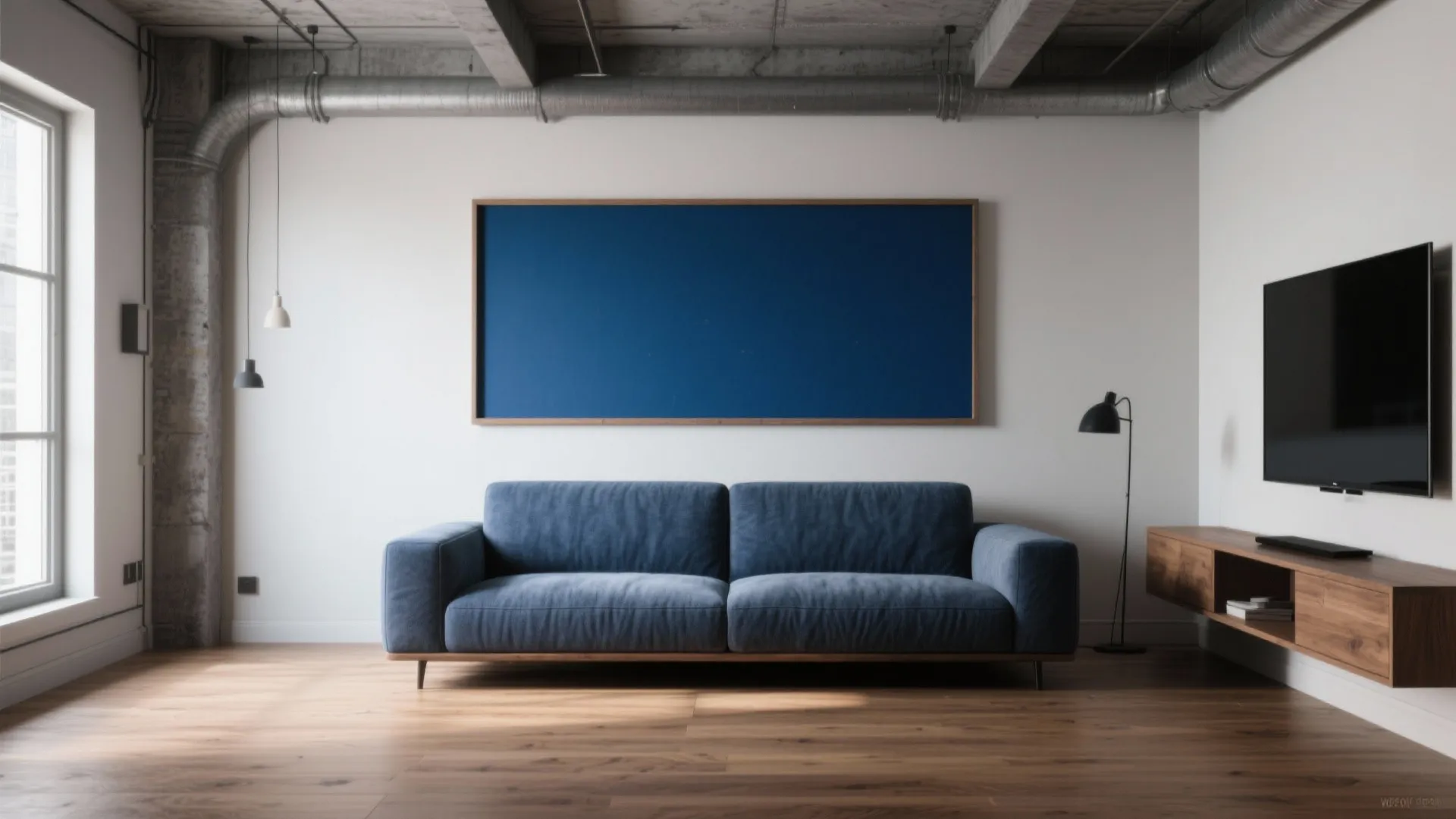Industrial living room with blue sofa, large blue wall panel, wooden floor, and black television