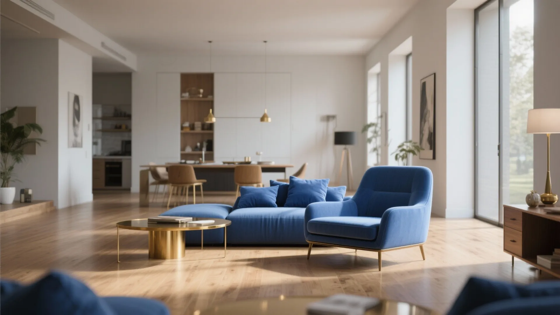 2. Use blue accessories to anchor the seating area