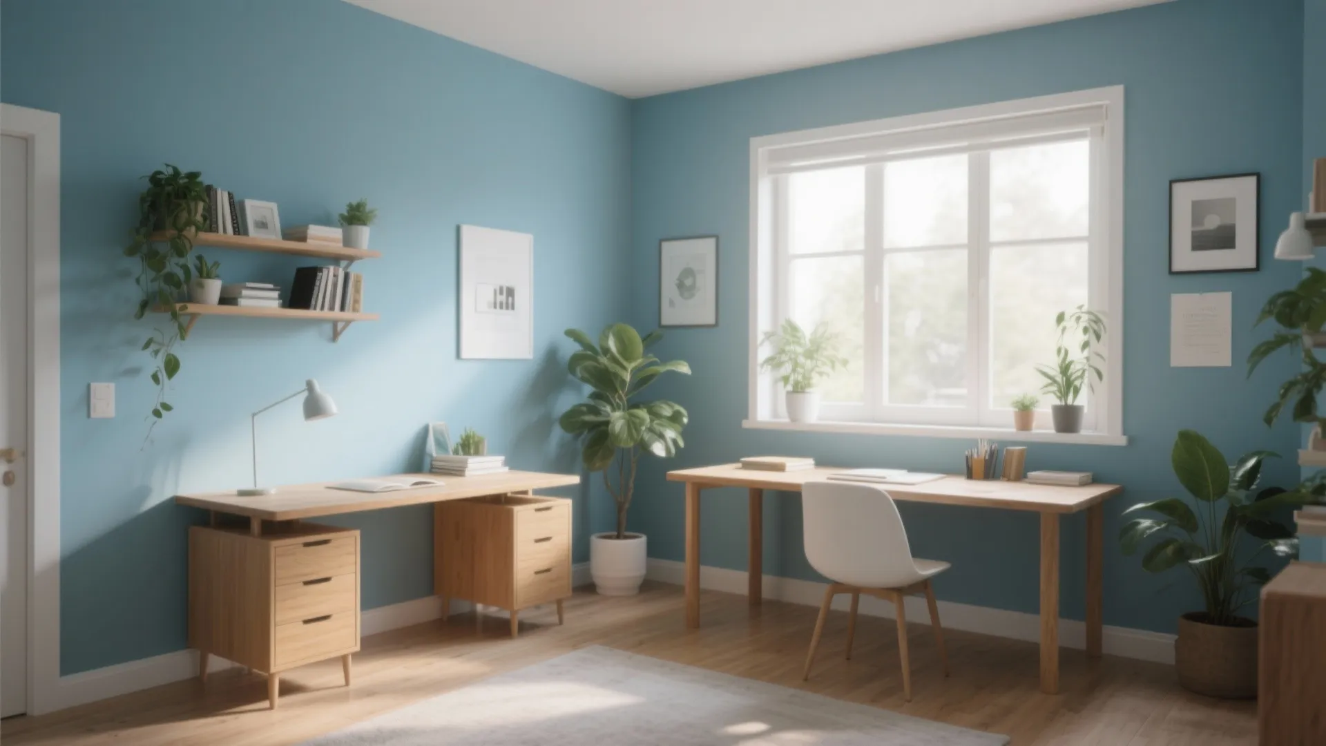Study room with a calming soft blue accent wall