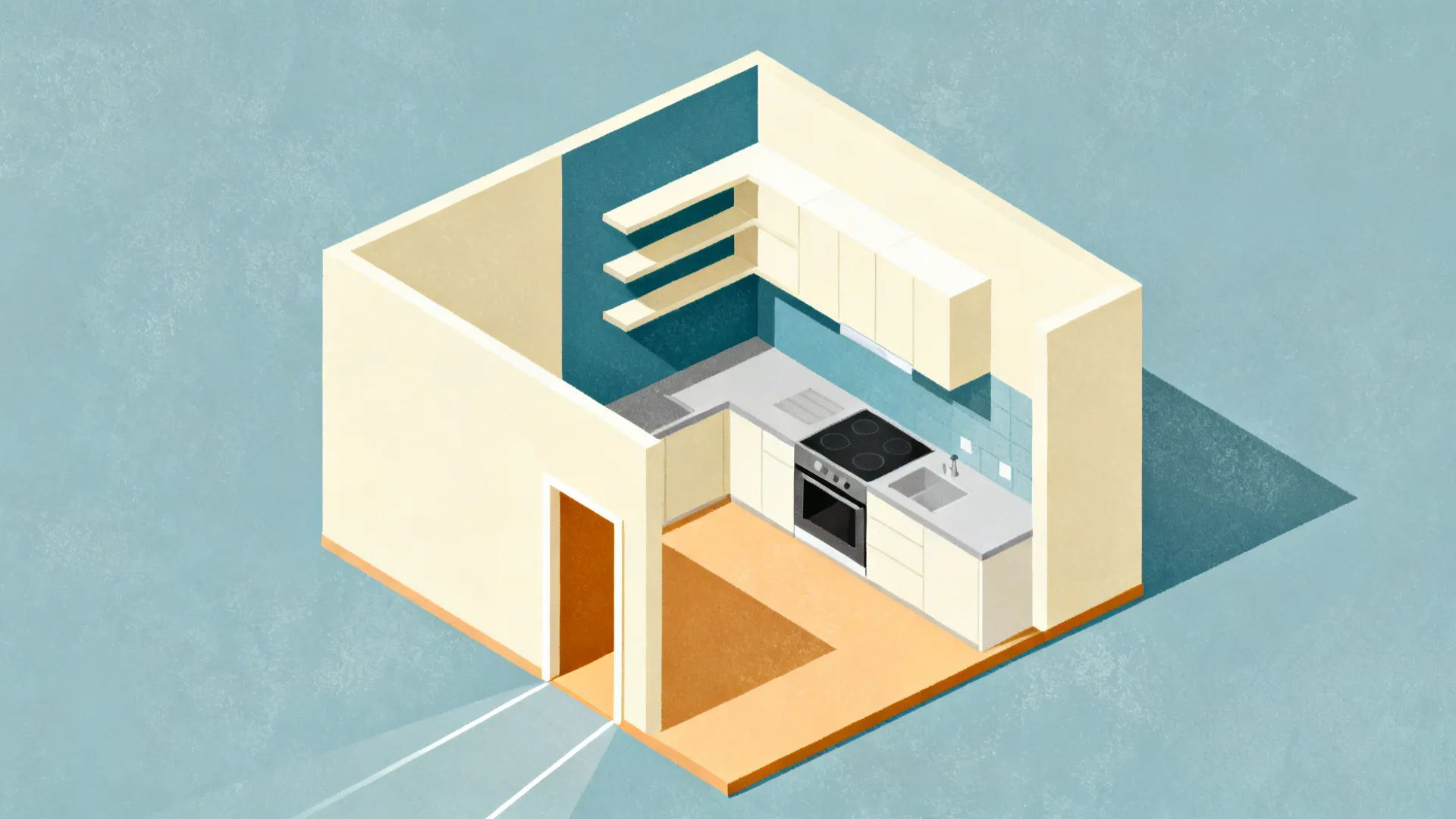 Top-down L-shaped kitchen plan highlighting a dusty blue accent wall and cream perimeter walls.