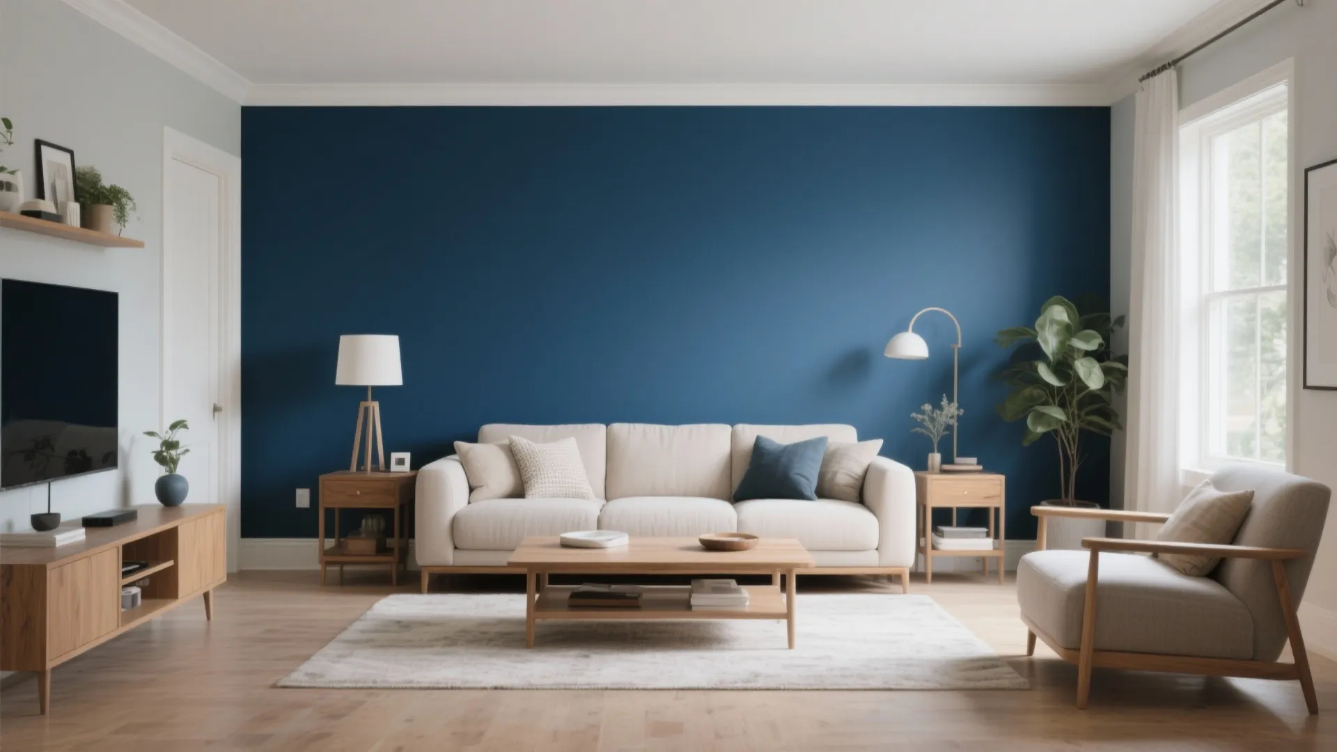 Modern living room with a blue accent wall white sofa wooden coffee table and natural light