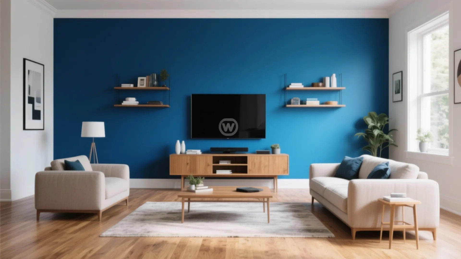 Modern living room featuring a bold blue accent wall with wooden furniture and white sofas