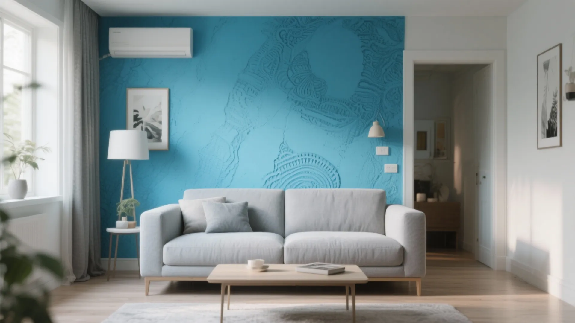 Modern living room featuring a blue textured wall grey sofa wooden table and floor lamp