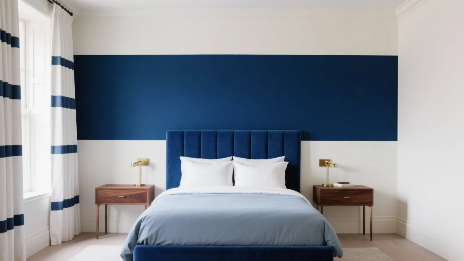 Modern bedroom featuring a bold blue wall stripe, matching blue headboard, wooden nightstands, and gold lamps
