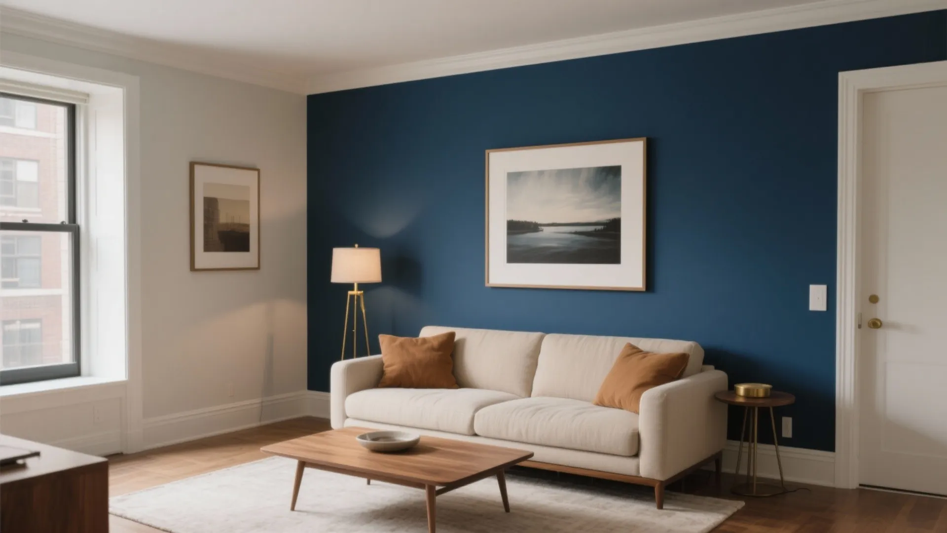 Cozy living room with blue accent wall cream sofa wooden coffee table and gold floor lamp