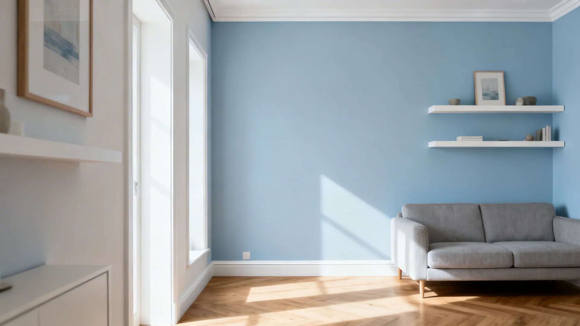 Modern living room featuring a blue accent wall, grey sofa, white shelves, and wooden floor