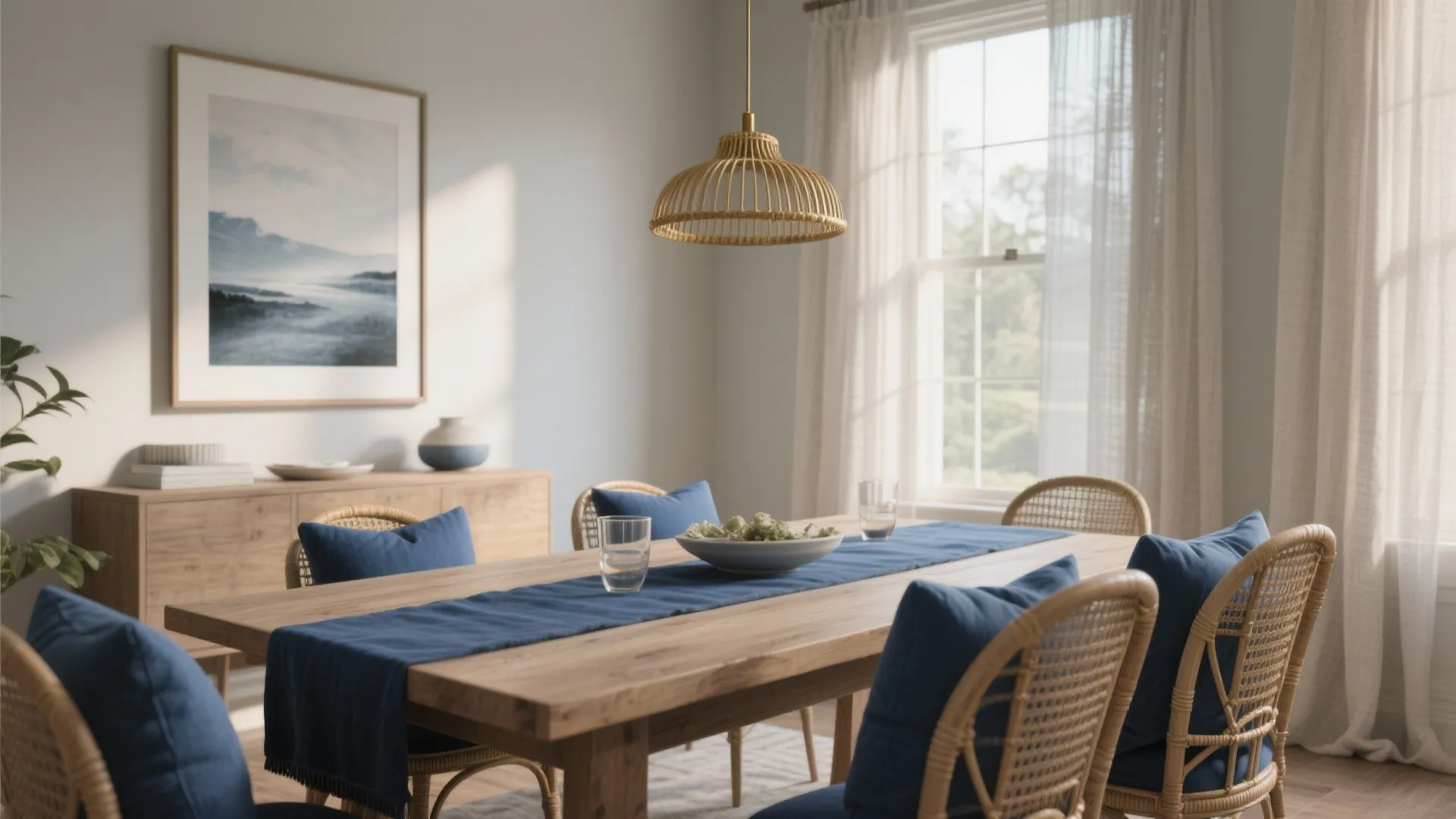 Bright dining room with wooden table blue runner woven chairs and a large wall painting