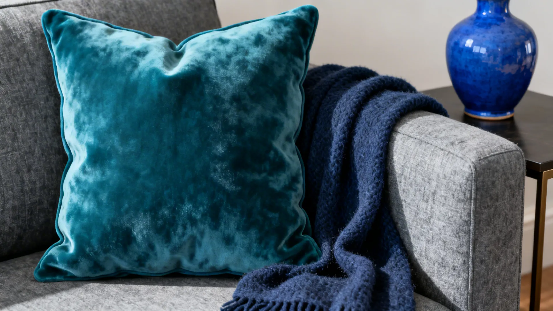 Teal velvet cushion and navy wool throw on gray upholstery with a blue ceramic vase