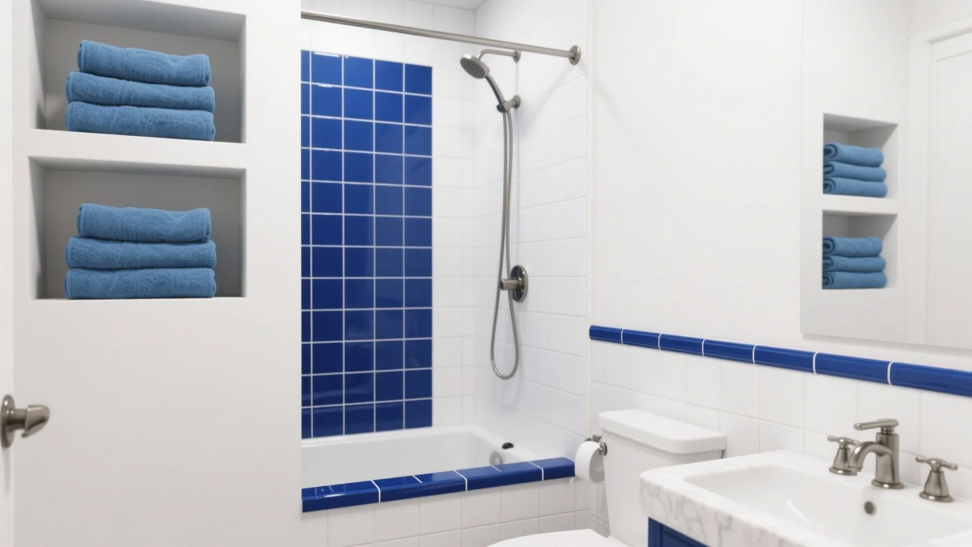 Blue Accents, Smart Storage: Towels, Niches, and Trim