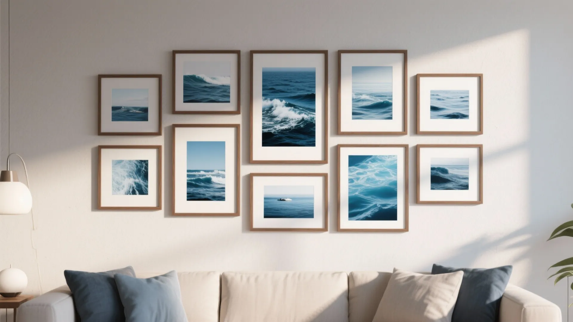 Gallery wall above sofa with ten framed blue ocean pictures and sunlight on white wall