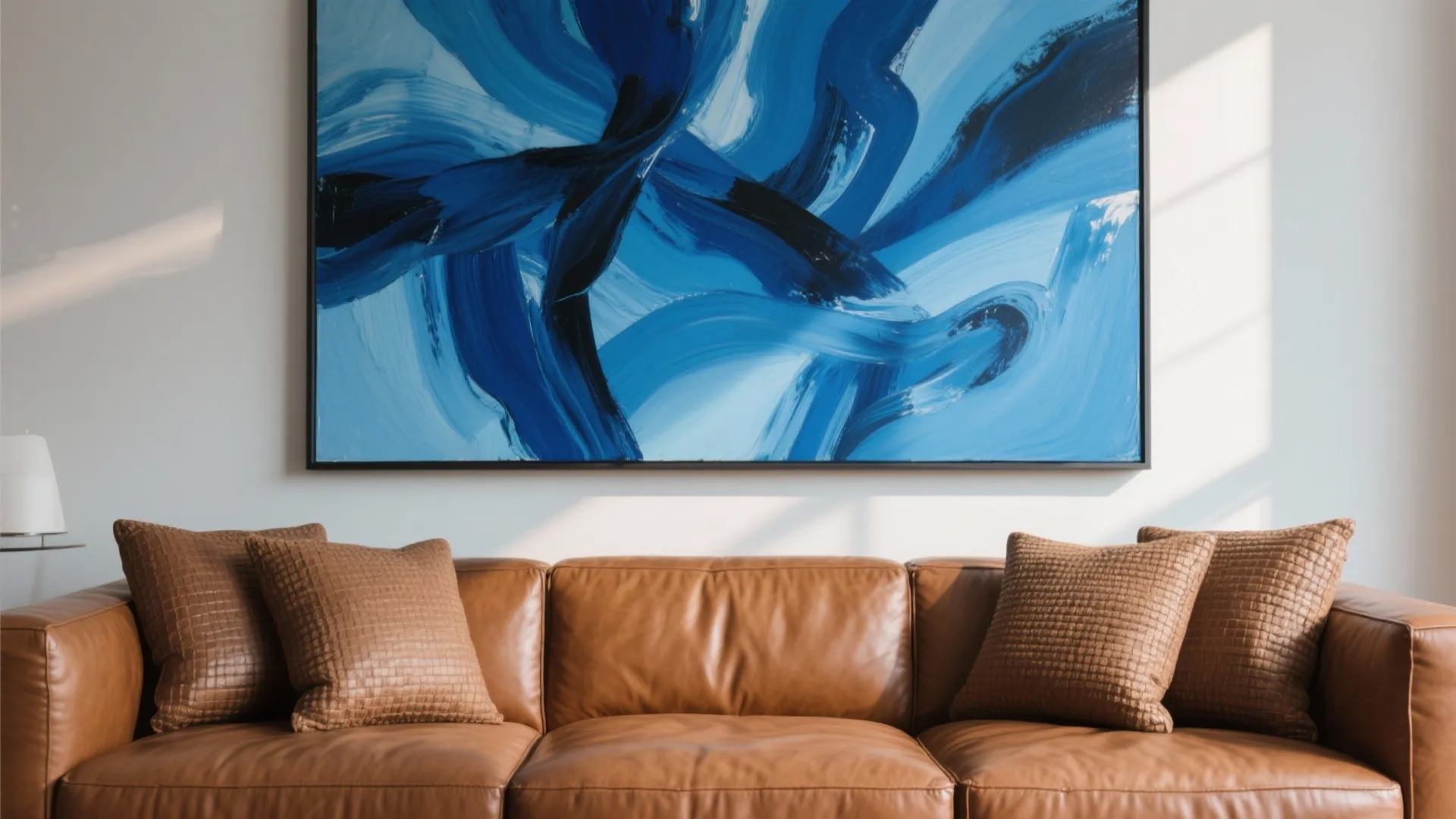 6. Blue-Toned Art Above a Brown Sofa