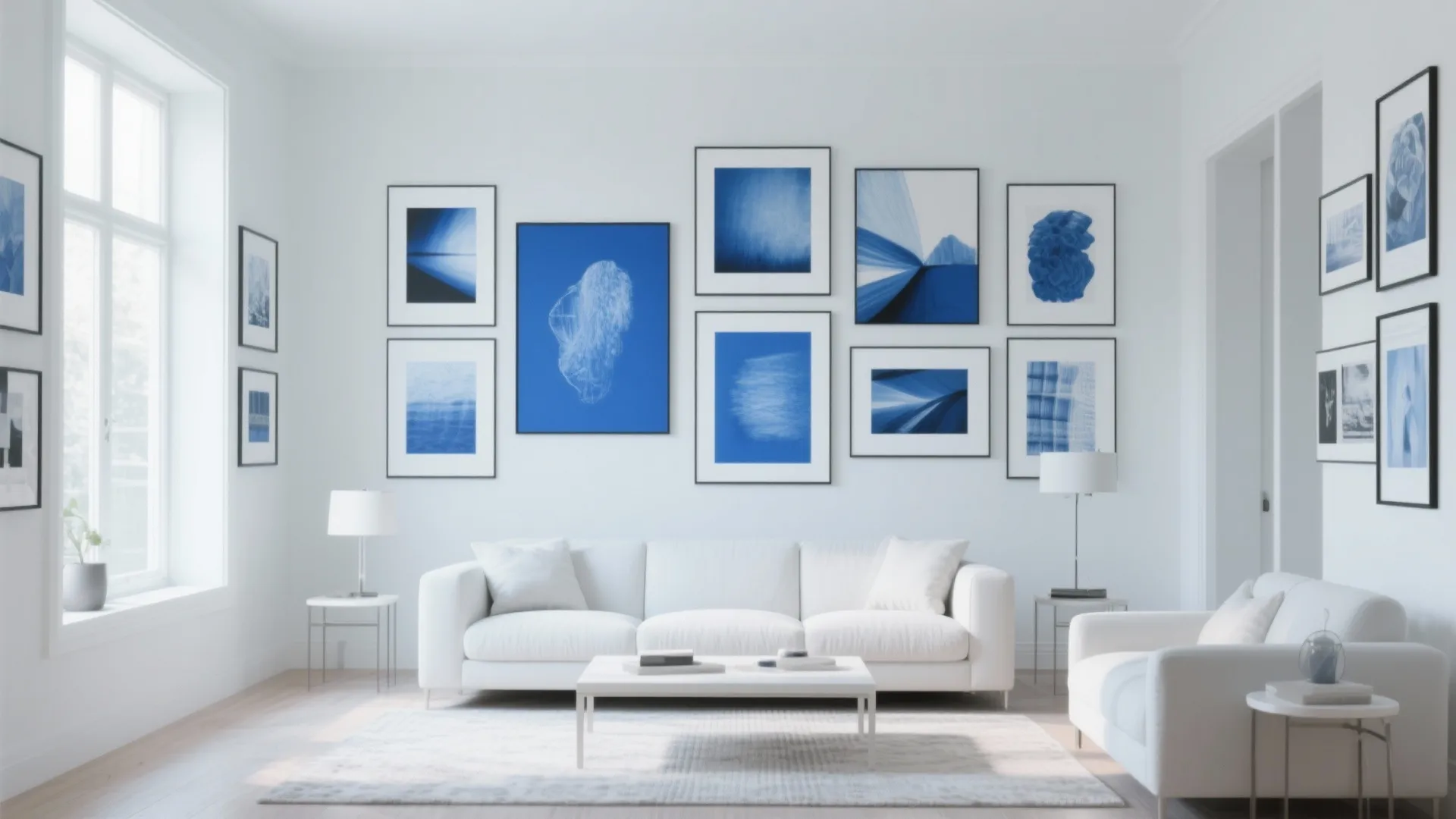 Bright white living room featuring multiple blue framed art pieces on wall with white sofa
