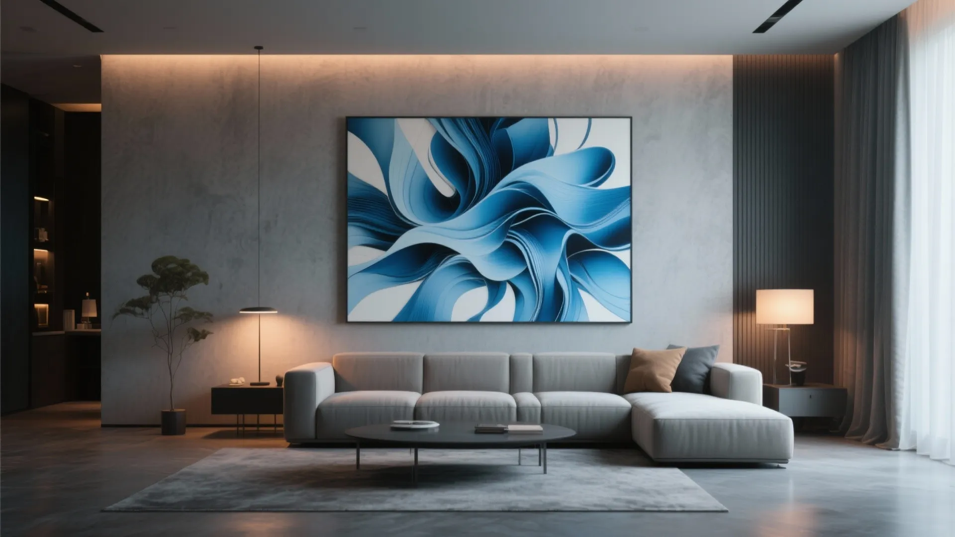 Blue Artwork on Gray Walls