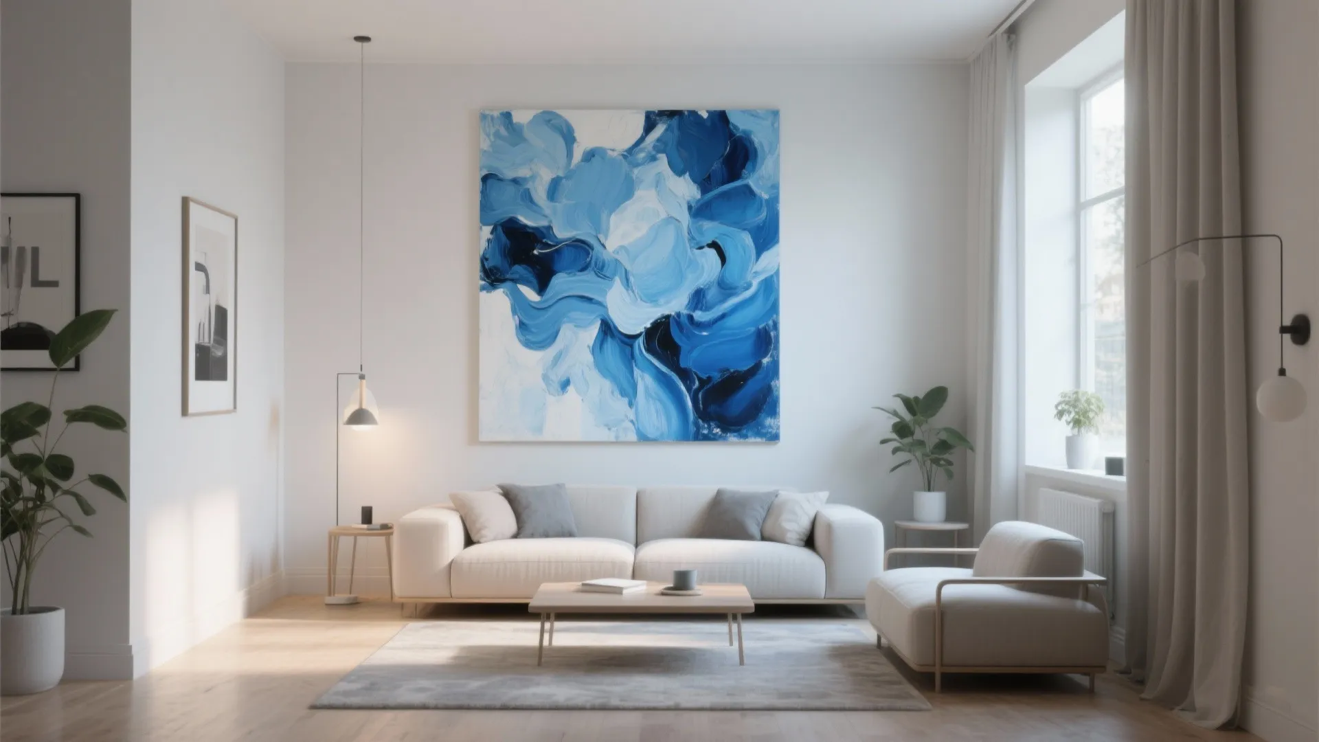 Modern bright living room with white sofa and large blue abstract painting on the wall