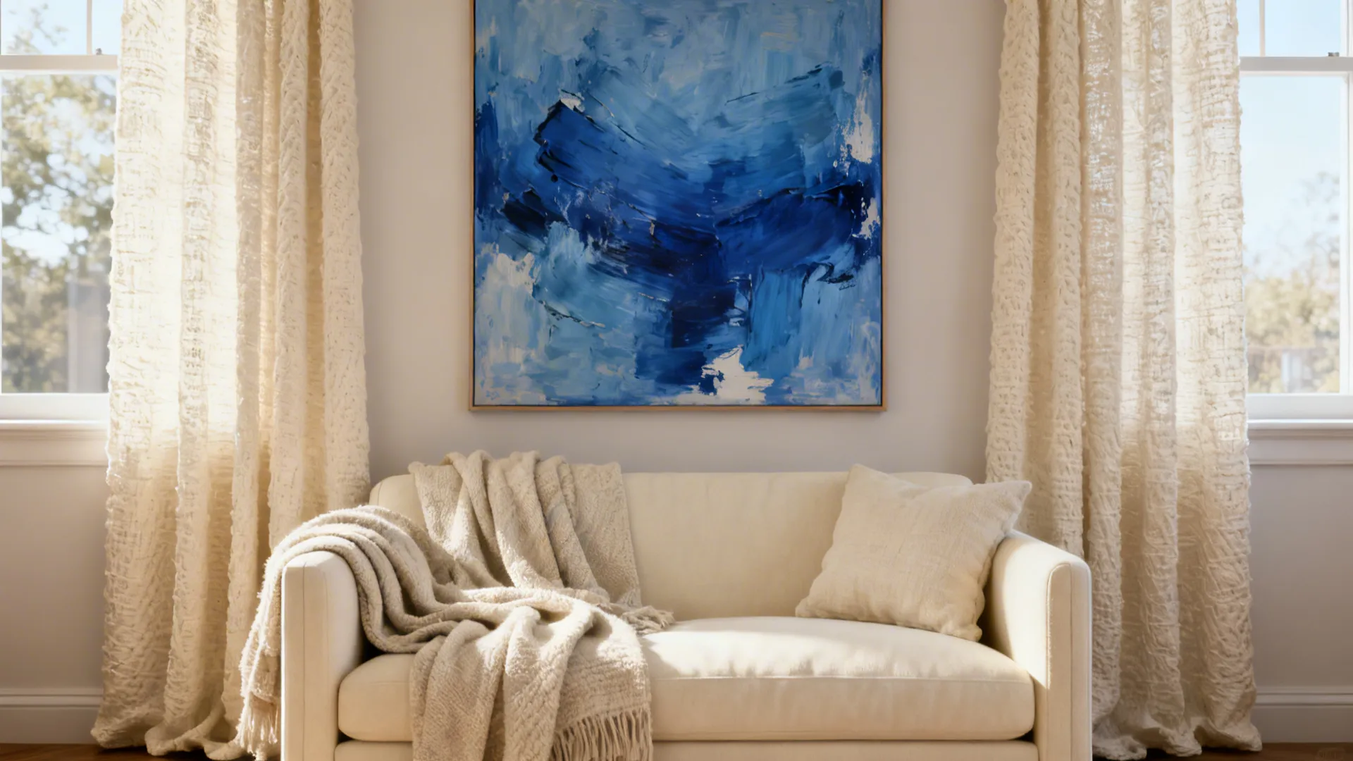 Large blue artwork above cream sofa with textured cream curtains and throws