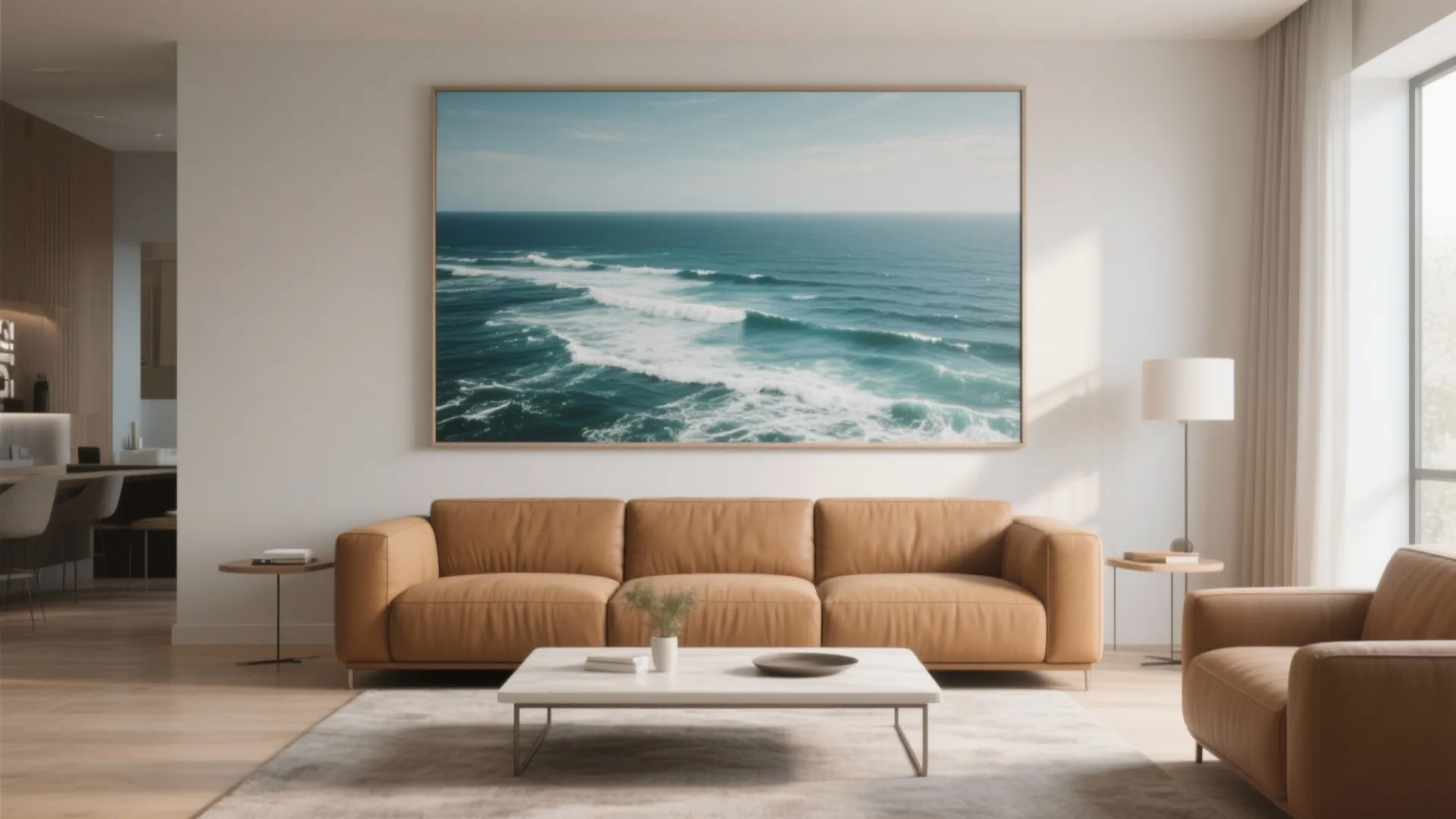 Modern living room with tan leather sofa large ocean wall art white coffee table rug