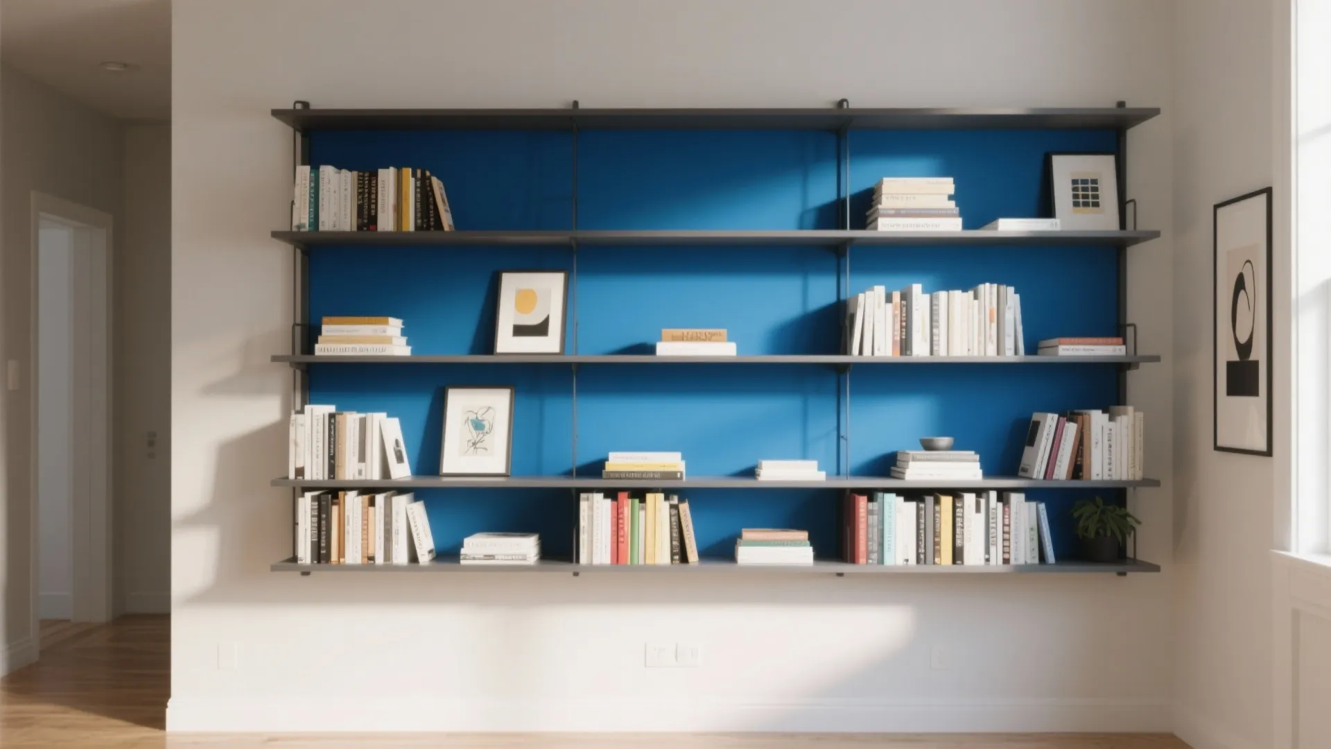 5. Open Shelving with Blue Back Panel