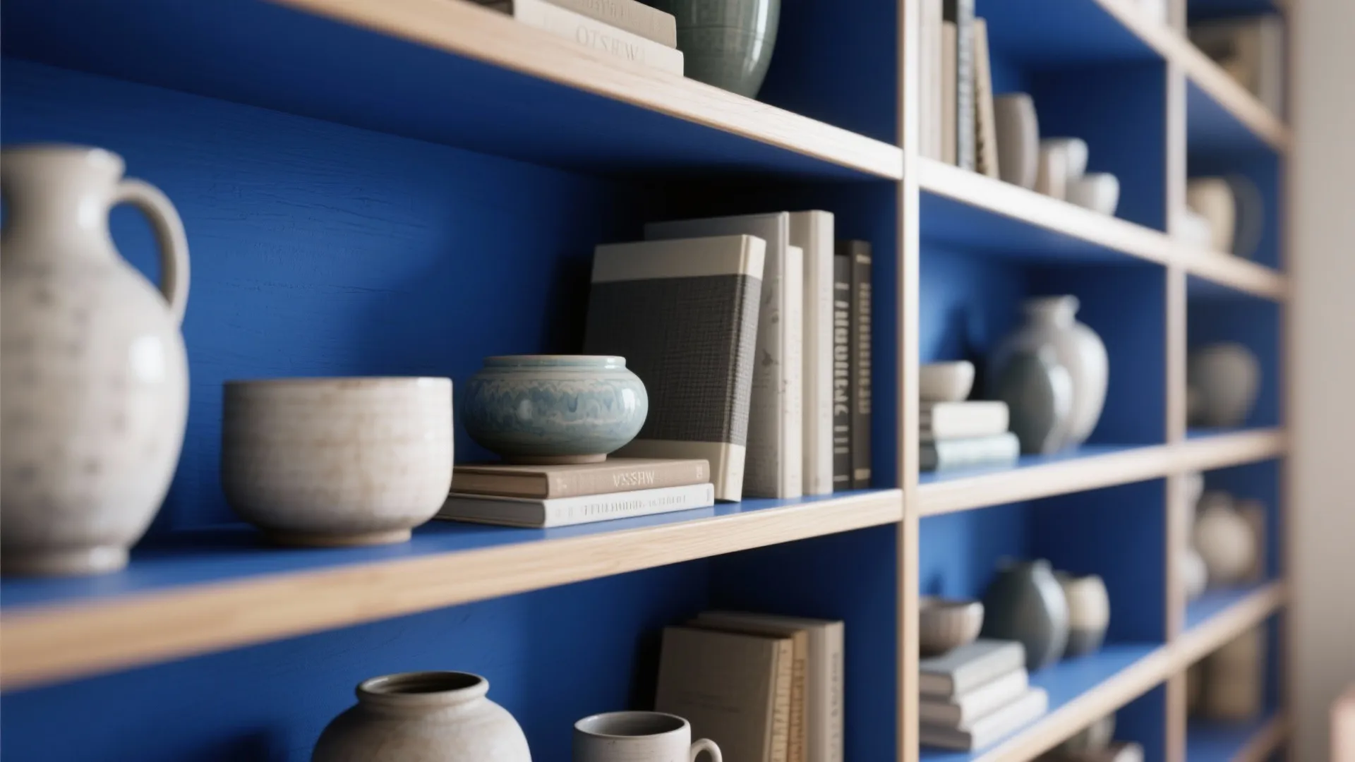 Blue-backed shelving and alcoves