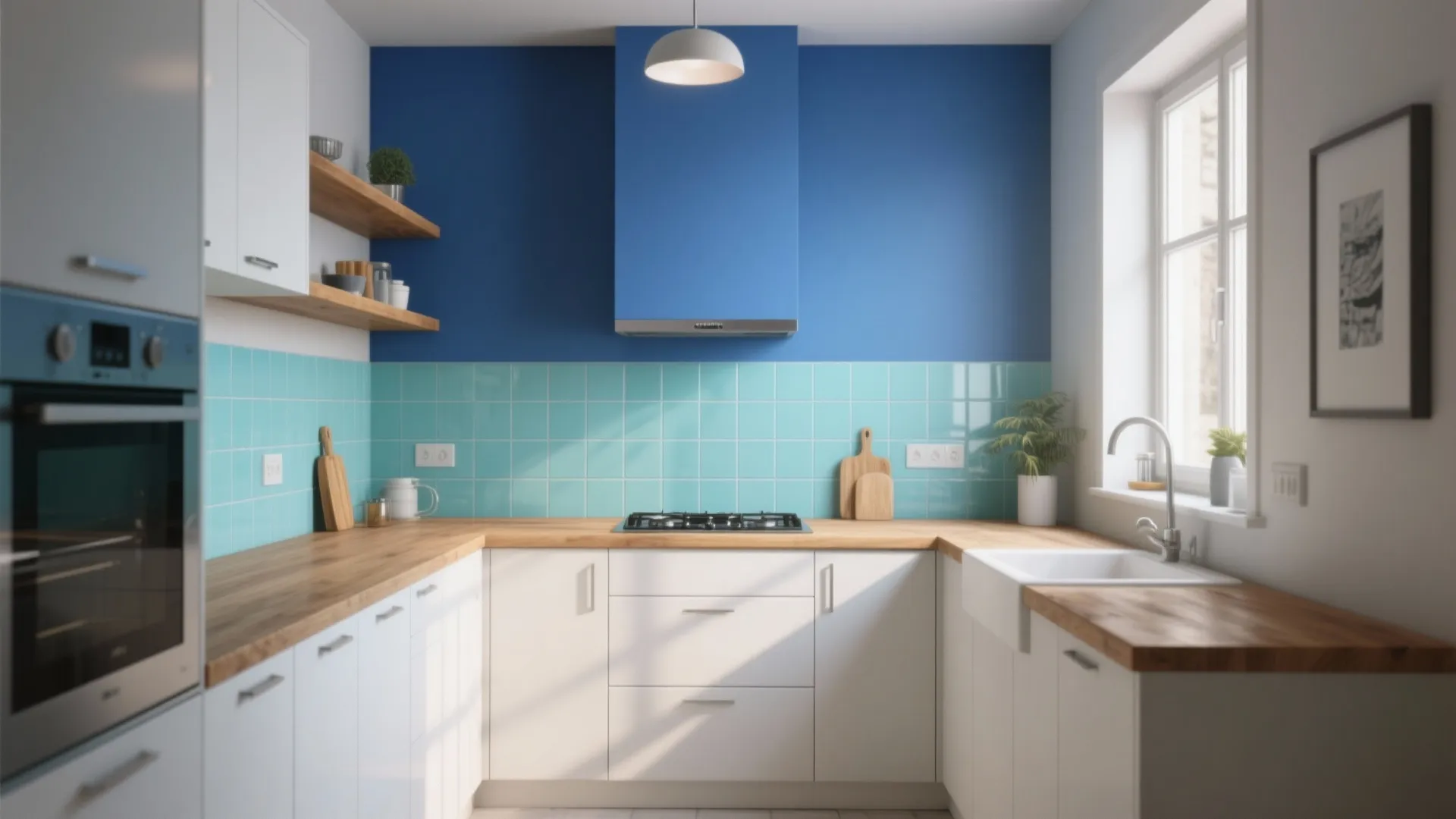 Modern kitchen with blue wall tiles white cabinets wooden countertop stove sink and natural window light
