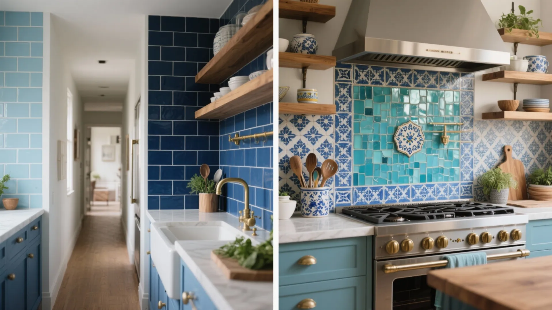 Two kitchen views featuring dark blue subway tiles and decorative patterned wall tiles with wooden shelves