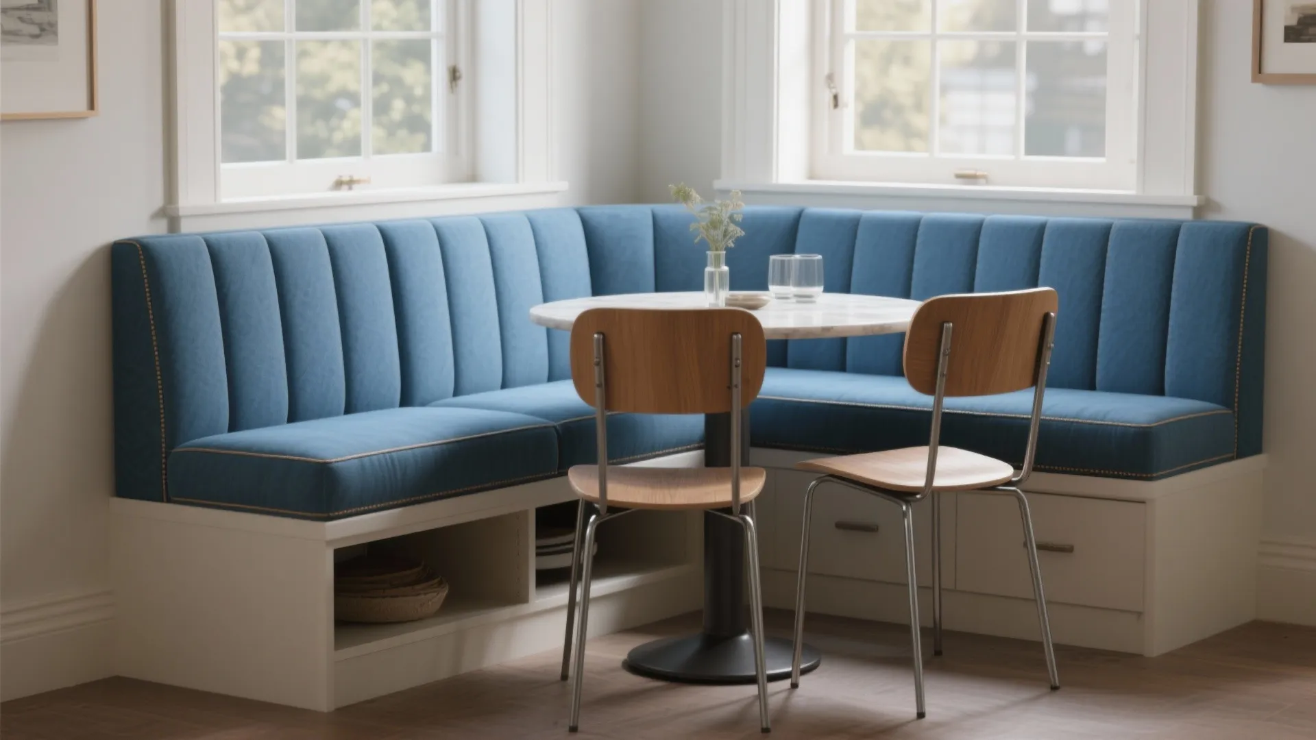Dining corner with blue wall bench white round table two wooden chairs and two windows