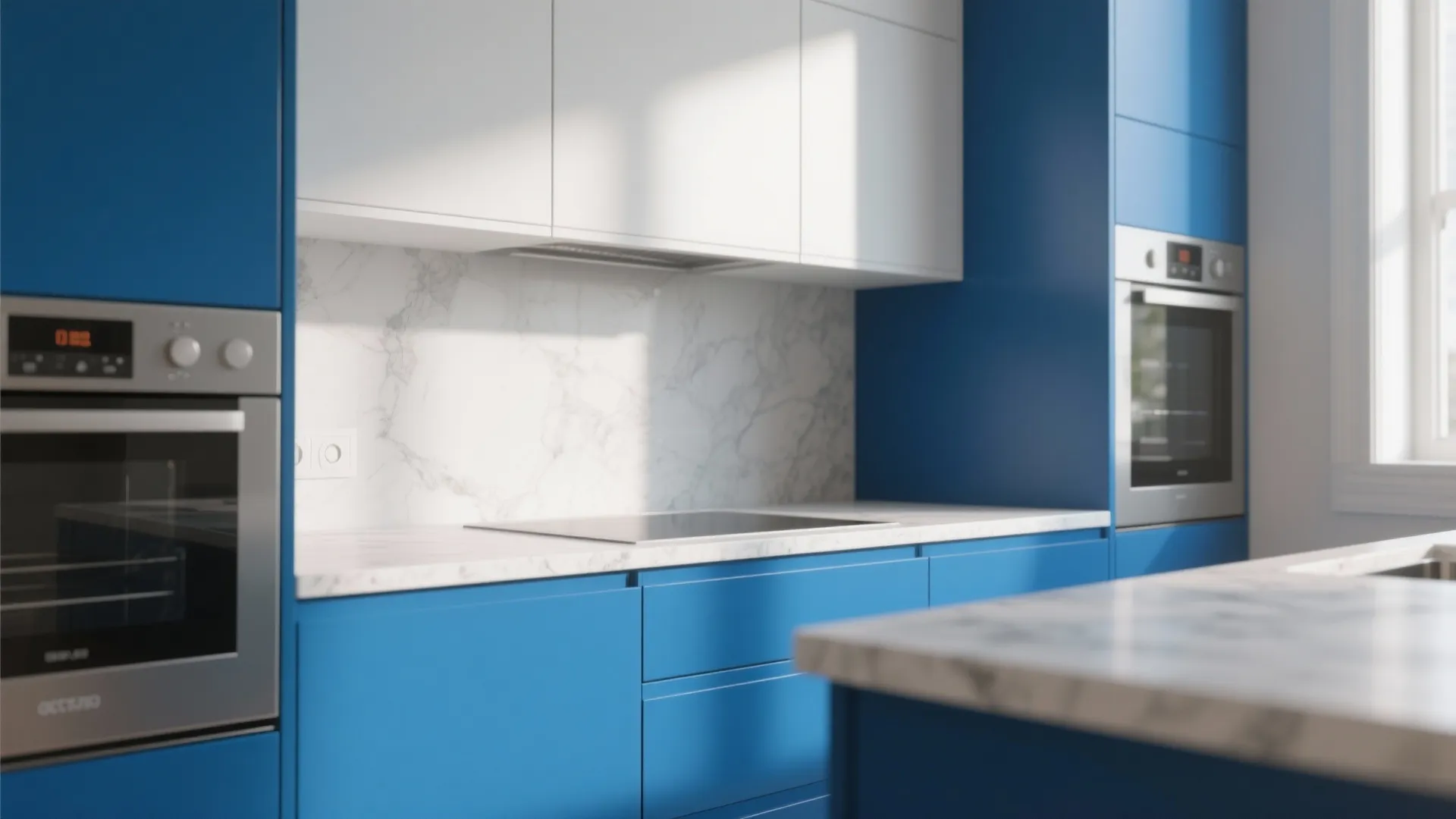 Modern kitchen with bright blue base cabinets white upper cabinets marble backsplash and stainless steel ovens